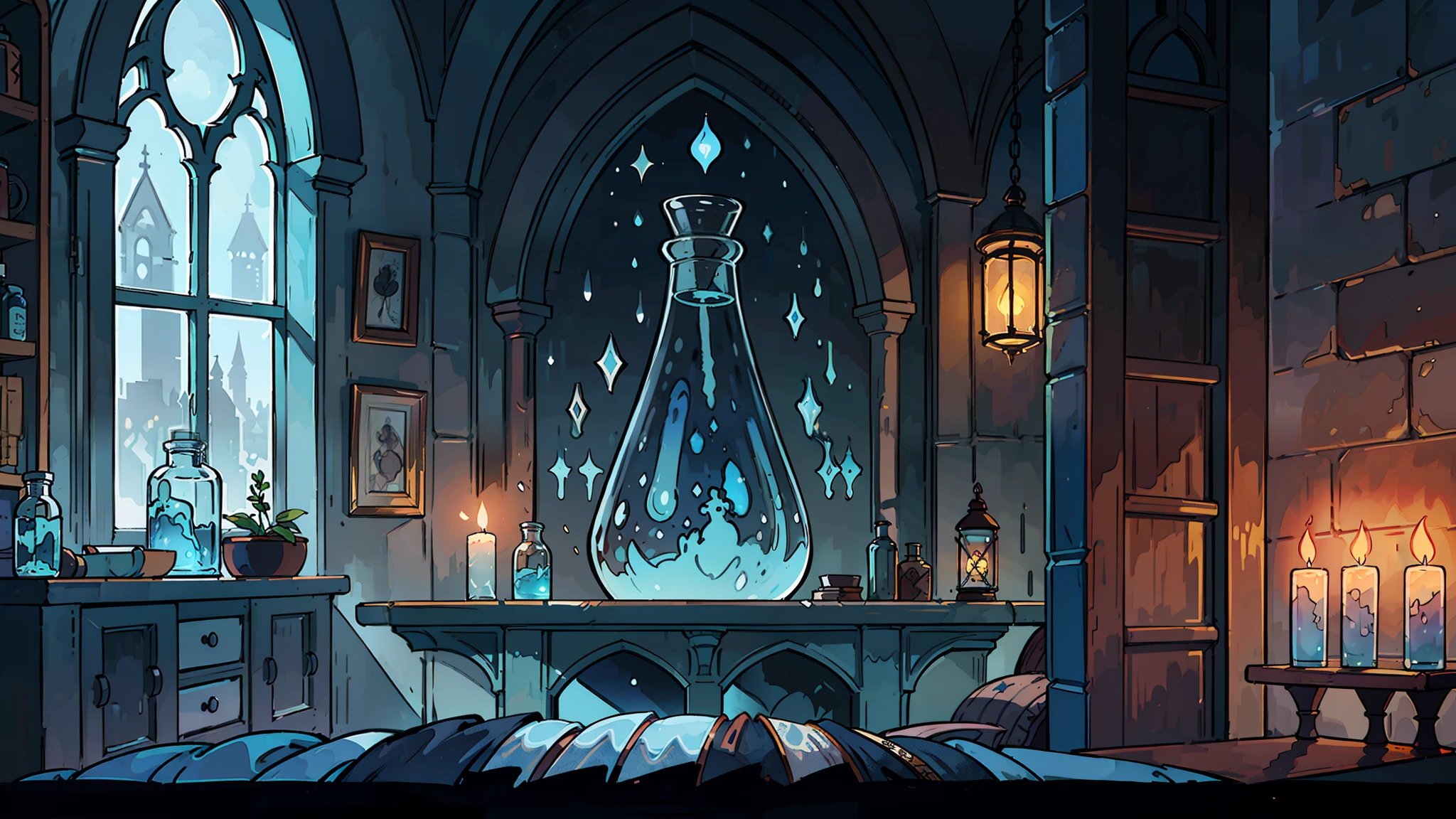 Glass jar with bright light blue liquid, Magical Lab Environment, healing medicine, Magic Lab Background, Dark room with large windows overlooking the orchard, gothic interior, Gothic Revival, gothic building, Architecture Inspiring Gothic, gothic mansion. candle light. fantasy alchemist laboratory, painting a health medicine, making medicines, witch&#39; petals, bedroom, 32K Photorender Reality Engine, HDR
