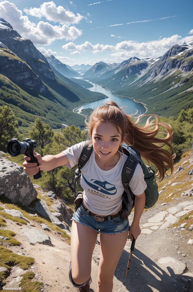 Naturescape photography; mountain climbing; (1woman:1.3, solo), (cowboy shot:1.3), (slender body), (white t-shirts, Trekking shorts, trekking boots), Walking along a mountain road, Rough road, boulders), (High-ponytail), (ginger hair), (nordic girl, 18-year-old, ultra delicate face, ultra Beautiful fece, ultra delicate eyes, ultra detailed nose, ultra detailed mouth, ultra detailed facial features), (face is shiny:0.8), (smiling:0.8), (selfee, Shooting with a wide-angle lens), (Spectacular summer mountain views, with rugged Norwegian mountain ranges in the distance, and the wonderful contrast of blue skies and white clouds), (Highest Quality, hyper-realistic:1.3, Super dense, very detailed illustration, Best image quality, very detailed illustration), girl from korea