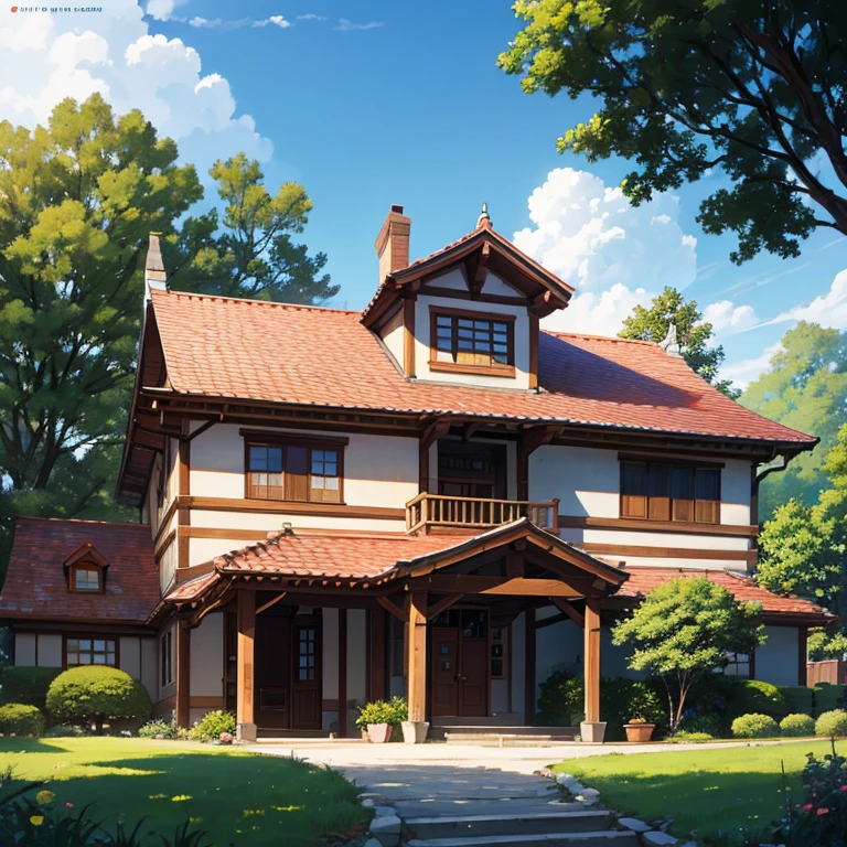Realistic, Real Life, Beautiful old colonial big house on a hill, Laurie Greasely Style, Studio Ghibli, toriyama akira, James Gillard, Genshin Impact, Trending pixiv fanbox, Acrylic Spatula, 4K, Vibrant colors, devinart, Art Station Trends