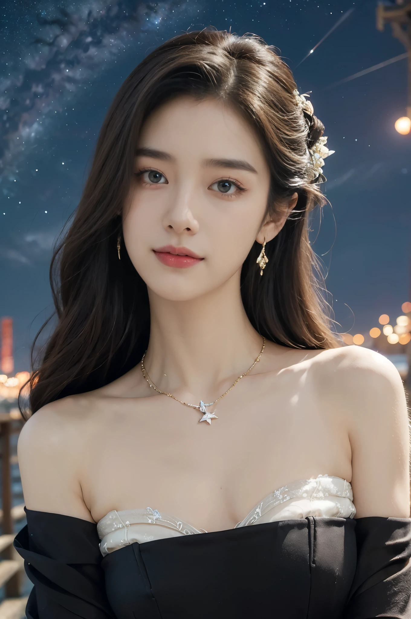 (((best quality))),(((ultra detailed))),(((masterpiece))),illustration,((1 beautiful girl,solo)),(shoulder length straight hair:1.2),((earrings,necklace)),((slim,thin)),((small breasts,flat chest)),(strapless gorgeous sheer red bra:1.3),(standing:1.3),(on the stone arch bridge:1.3),((starry sky,the Milky Way,horizon)),elegance, grace, sophisticated updo, delicate hairpins, twinkling stars, radiant smile, bright eyes, wonder, beauty of the night sky, intricate patterns, flowers, birds, vibrant colors, ethereal, enchanting, old bridge, weathered, sturdy, natural surroundings, serene, peaceful atmosphere, rippling water, stars, graceful silhouette, magic, tranquility, twinkling stars, mesmerizing canopy of light, cool air, crisp, faint scent of blooming flowers, contemplation, admiration, ancient China, timeless, rich culture, traditions, captivating, enchanting atmosphere, myth, legend,((from front,close-up of face))