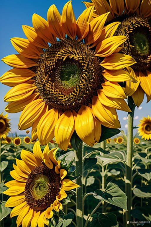(8k, RAW Photos, Highest quality, masterpiece:1.2), (Realistic, photo-Realistic:1.7), Very detailed, Ultra-high resolution,(Shadow-free, professional lighting),there is a sunflower that is blooming in the field, a picture by Anna Haifisch, pexels, Renaissance, sunflower, giant sunflower as a face, color : yellow sunflowers, color: yellow sunflowers, Sunflower flowers, Giant flower head, 鮮やかだが陰鬱な金color, sunflowers, View from above, Large flower head, surrounded flower, Very high flowering yield