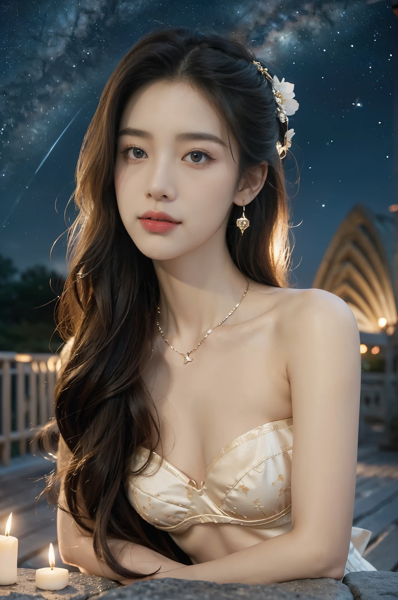 (((best quality))),(((ultra detailed))),(((masterpiece))),illustration,((1 beautiful girl,solo)),(shoulder length straight hair:1.2),((earrings,necklace)),((slim,thin)),((small breasts,flat chest)),(strapless gorgeous sheer red bra:1.3),(standing:1.3),(on the stone arch bridge:1.3),((starry sky,the Milky Way,horizon)),elegance, grace, sophisticated updo, delicate hairpins, twinkling stars, radiant smile, bright eyes, wonder, beauty of the night sky, intricate patterns, flowers, birds, vibrant colors, ethereal, enchanting, old bridge, weathered, sturdy, natural surroundings, serene, peaceful atmosphere, rippling water, stars, graceful silhouette, magic, tranquility, twinkling stars, mesmerizing canopy of light, cool air, crisp, faint scent of blooming flowers, contemplation, admiration, ancient China, timeless, rich culture, traditions, captivating, enchanting atmosphere, myth, legend,((from front,close-up of face))