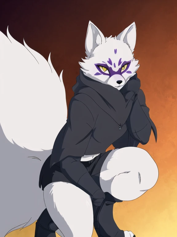 Alopex, arctic fox, furry character, purple mark eyes, tmnt, yellow eyes, girl1, solo, kunoichi outfits, best quality, masterpiece, fox ears, cloak, black shorts