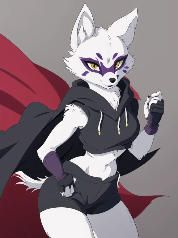 Alopex, arctic fox, furry character, purple mark eyes, tmnt, yellow eyes, girl1, solo, kunoichi outfits, best quality, masterpiece, fox ears, cloak, black shorts