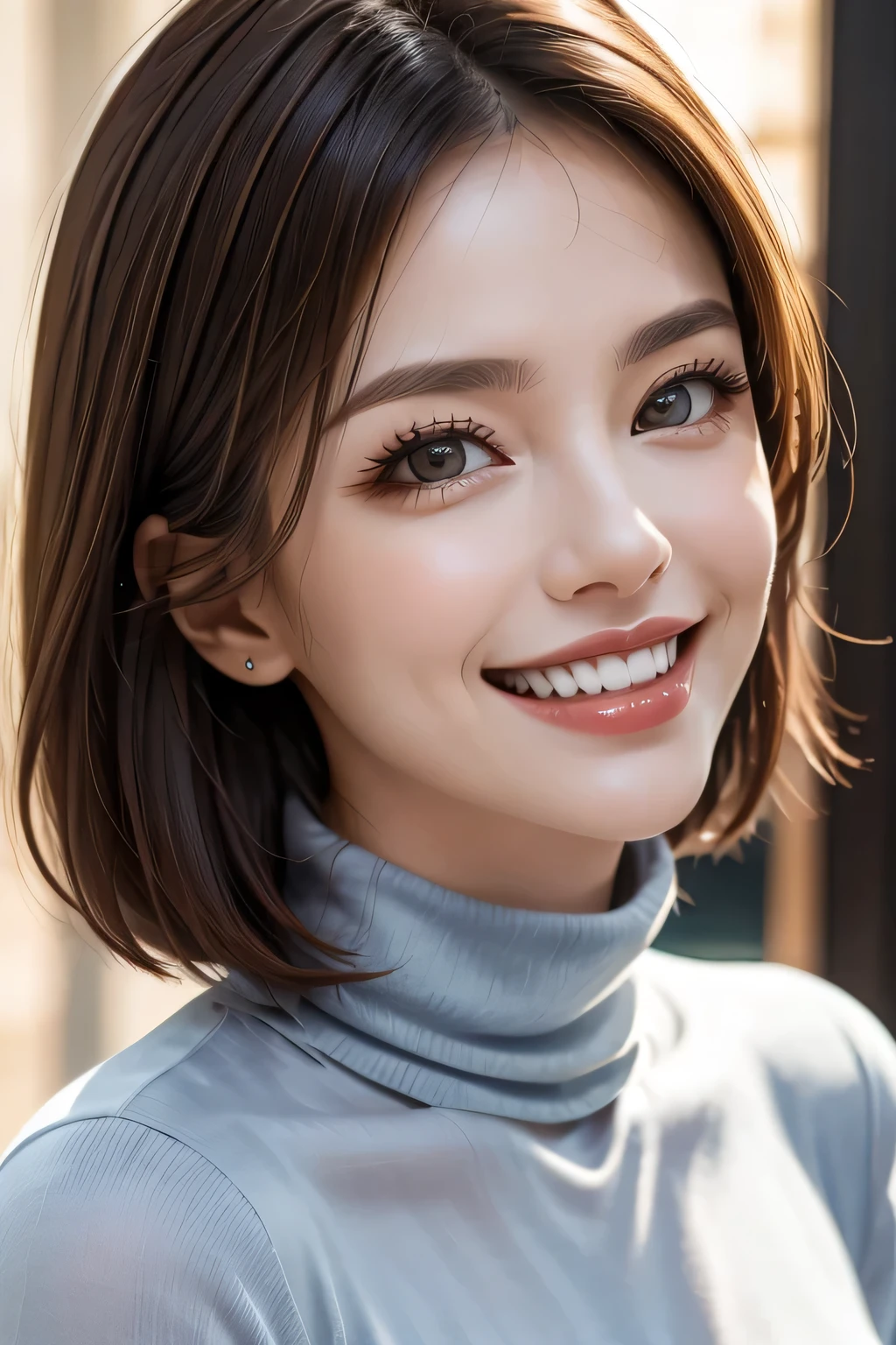 ((masterpiece)), ((Highest quality)), ((Complex)), ((Surreal)), (Realistic), (Mature Woman), ((There are no classes)), Very detailed, (1 female), Beautiful and exquisite, (Beautiful Teeth), Grin, Brunette bob hair, Brown eyes, ((Blue turtleneck)), (Upper Body), (background:none), Perfect Eyes, Captivating eyes, Looking at the audience