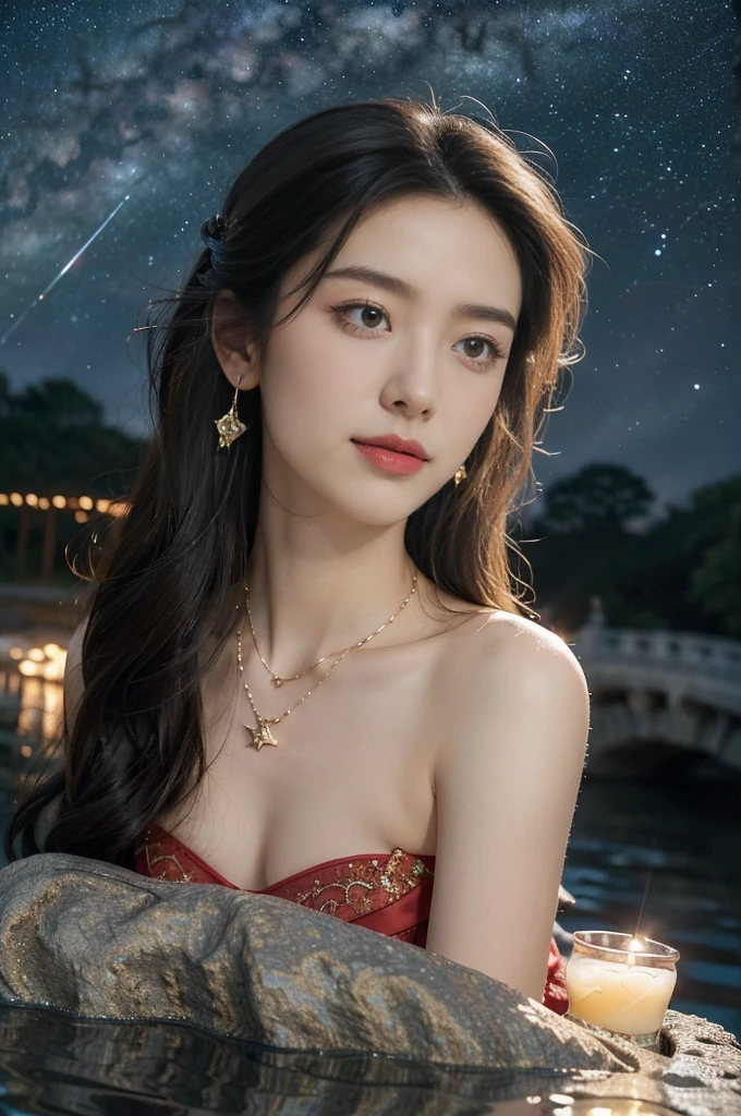 (((best quality))),(((ultra detailed))),(((masterpiece))),illustration,((1 beautiful girl,solo)),(shoulder length straight hair:1.2),((earrings,necklace)),((slim,thin)),((small breasts,flat chest)),(strapless gorgeous sheer red bra:1.3),(standing:1.3),(on the stone arch bridge:1.3),((starry sky,the Milky Way,horizon)),elegance, grace, sophisticated updo, delicate hairpins, twinkling stars, radiant smile, bright eyes, wonder, beauty of the night sky, intricate patterns, flowers, birds, vibrant colors, ethereal, enchanting, old bridge, weathered, sturdy, natural surroundings, serene, peaceful atmosphere, rippling water, stars, graceful silhouette, magic, tranquility, twinkling stars, mesmerizing canopy of light, cool air, crisp, faint scent of blooming flowers, contemplation, admiration, ancient China, timeless, rich culture, traditions, captivating, enchanting atmosphere, myth, legend,((from front,close-up of face))