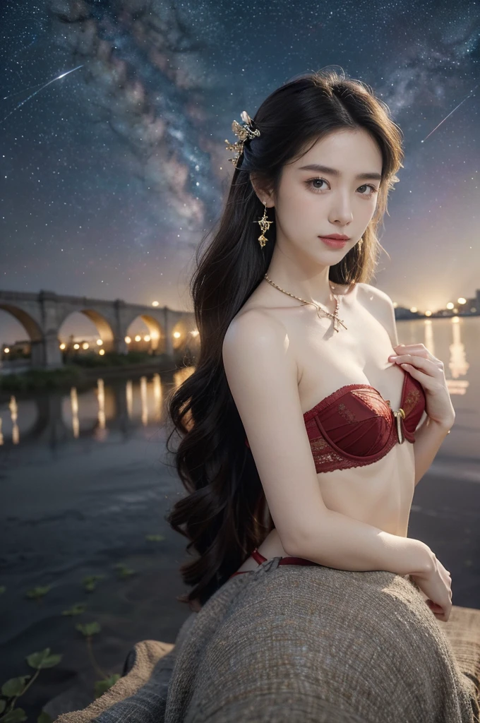 (((best quality))),(((ultra detailed))),(((masterpiece))),illustration,((1 beautiful girl,solo)),(shoulder length straight hair:1.2),((earrings,necklace)),((slim,thin)),((small breasts,flat chest)),(strapless gorgeous sheer red bra:1.3),(standing:1.3),(on the stone arch bridge:1.3),((starry sky,the Milky Way,horizon)),elegance, grace, sophisticated updo, delicate hairpins, twinkling stars, radiant smile, bright eyes, wonder, beauty of the night sky, intricate patterns, flowers, birds, vibrant colors, ethereal, enchanting, old bridge, weathered, sturdy, natural surroundings, serene, peaceful atmosphere, rippling water, stars, graceful silhouette, magic, tranquility, twinkling stars, mesmerizing canopy of light, cool air, crisp, faint scent of blooming flowers, contemplation, admiration, ancient China, timeless, rich culture, traditions, captivating, enchanting atmosphere, myth, legend,((from front,close-up of face))