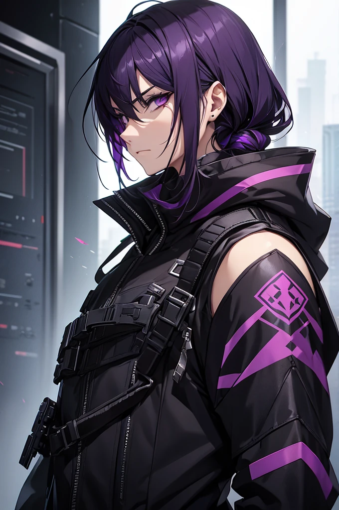 male character, dark purple hair, fragmented hood, encased in glass. serious countenance, Assassins cred style clothes. futuristic and black.