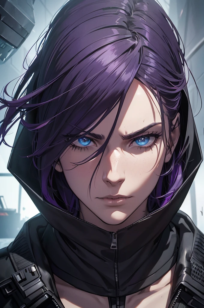a hooded man with dark purple hair, serious expression, wearing assassin's creed-style futuristic black clothes, surrounded by shattered glass, (best quality,4k,8k,highres,masterpiece:1.2),ultra-detailed,(realistic,photorealistic,photo-realistic:1.37),intricate details,dramatic lighting,cinematic composition,moody atmosphere,dark futuristic sci-fi