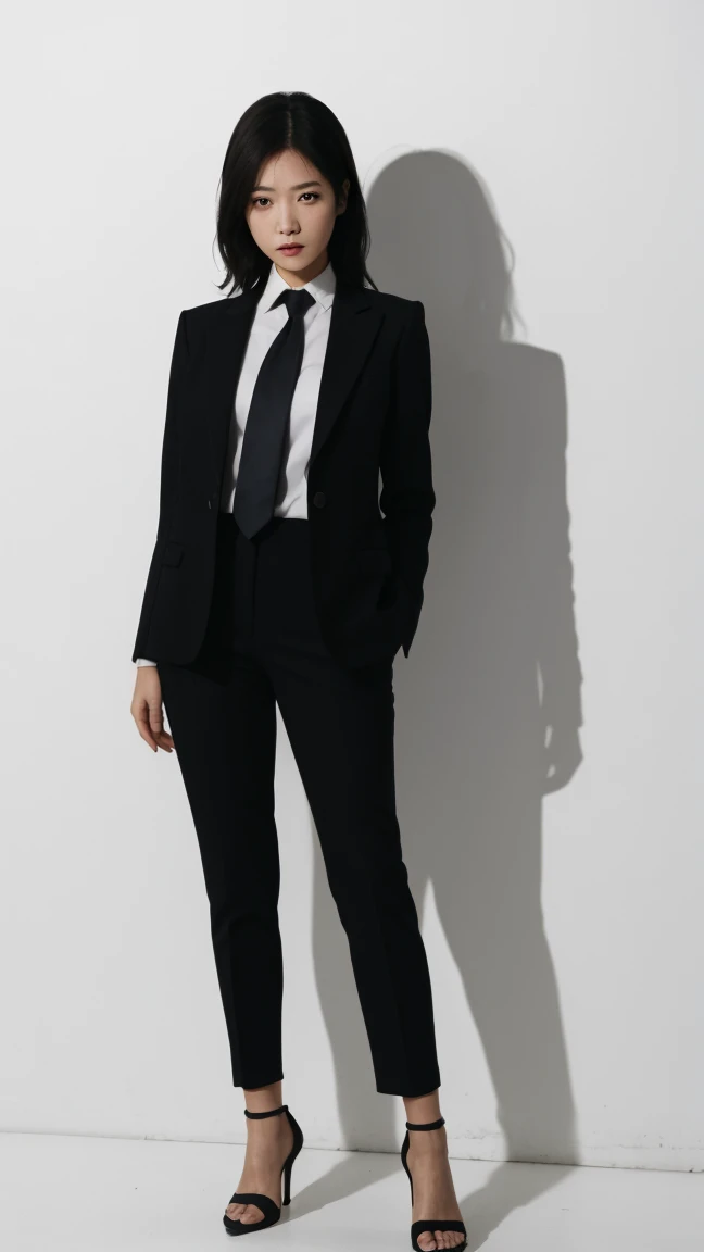 solo, looking at viewers, 1girl:1.3, female focus, mature face, long eyeslashes, collared shirt, necktie, pants, black pants, formal, suit, high heels, black high heels, A shot with tension, cold attitude, sideways glance BREAK Full HD, Visual impact, chiaroscuro, the young female girl is the central character, realism, high details, high detailed, drop shadow, tachi-e ( magazine:1.3) BREAK white background, intensive dark color, shadow, A realistic photographic effect, full body shot, standing