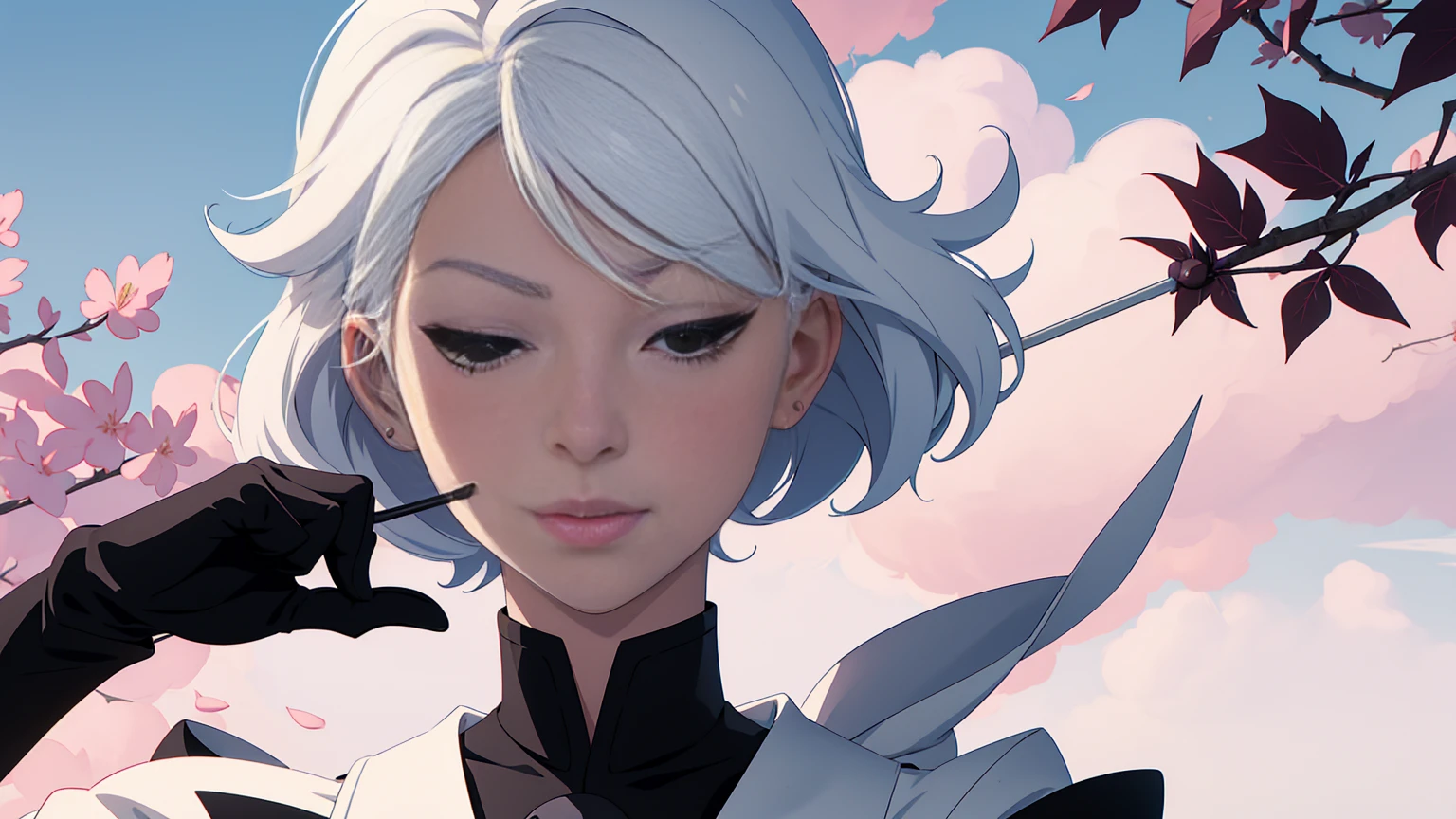 Woman, anime style, short white hair, black cloth blindfold over her eyes, with a white lollipop in her mouth, being held by her hand, her hands have black gloves, focus on the character's face only, in the wind, and with pastel colors background with pink peach leaves flying in the background.