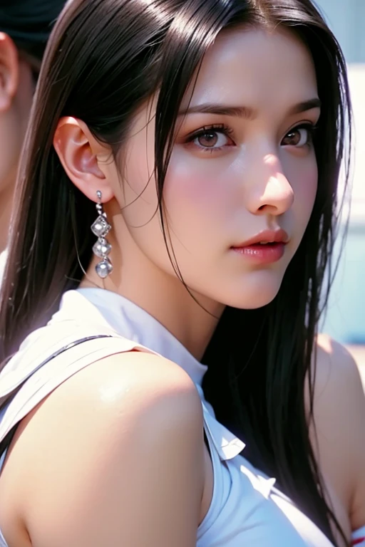 1 girl with long black hair, White skirt, Close-up of face, tifa, full body