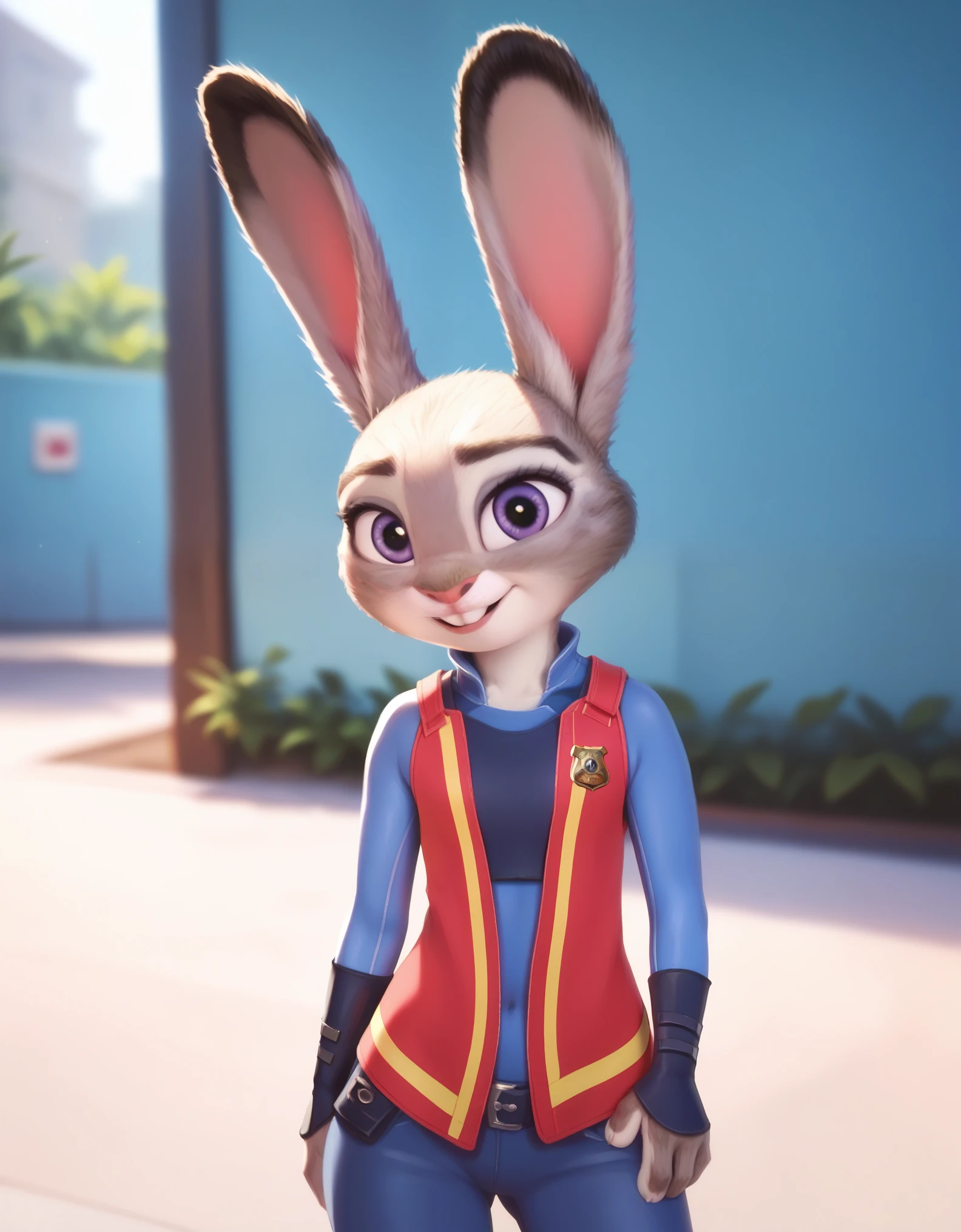 female, judyhopps, ((slim judy hopps)), (front view), (cinematic lighting), backlighting, (shaded), detailed background, by dagasi, (by personalami), [by Ruan Jia],, (solo), photorealistic, hyperrealistic,