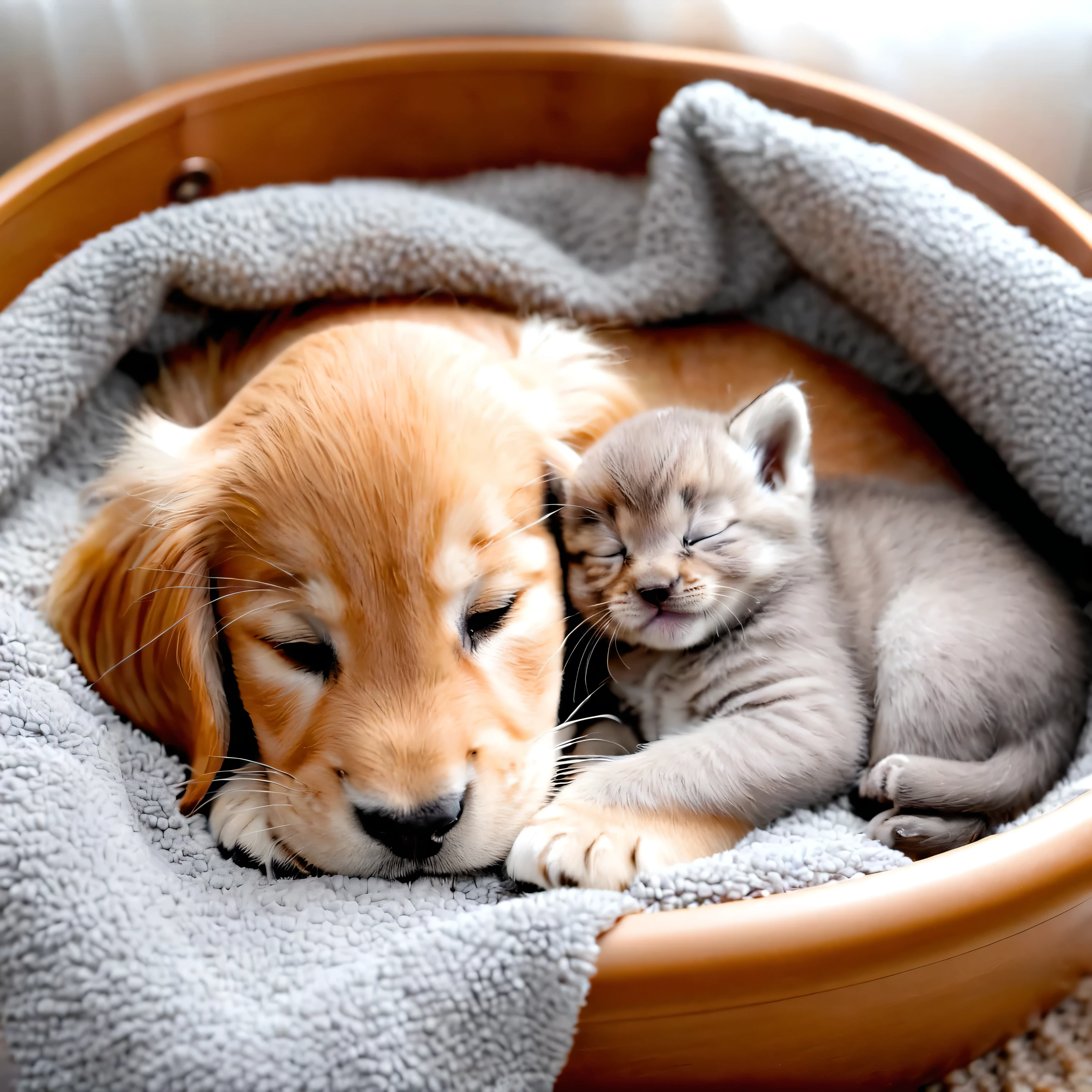 Adorable gray tabby cat and golden retriever puppy、Lying peacefully in a cozy pet bed。, Puppy licking cat's head, Lying by the window with the sunlight streaming in, Heartwarming, Cute expression, relaxed eyes, Realistic shadows, 4K resolution, A masterpiece that melts the heart