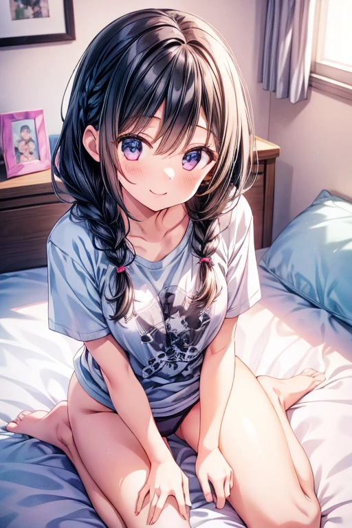 My Room、Cute room with a girl、Girl with braided black hair、Hair length is around chest、T-shirt and panties、The girl is lying face down on the bed、The girl is looking at a magazine、Defenseless、Panties are visible、smilingly、smile