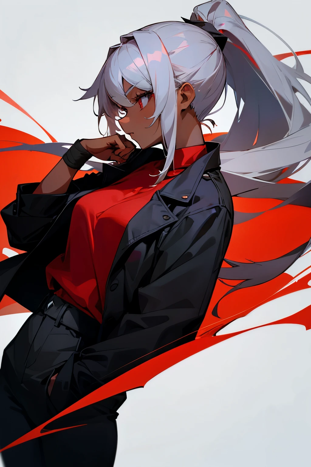 Woman with dark skin、Gray Hair、I have long hair、ponytail、Red Shirt、Black jacket