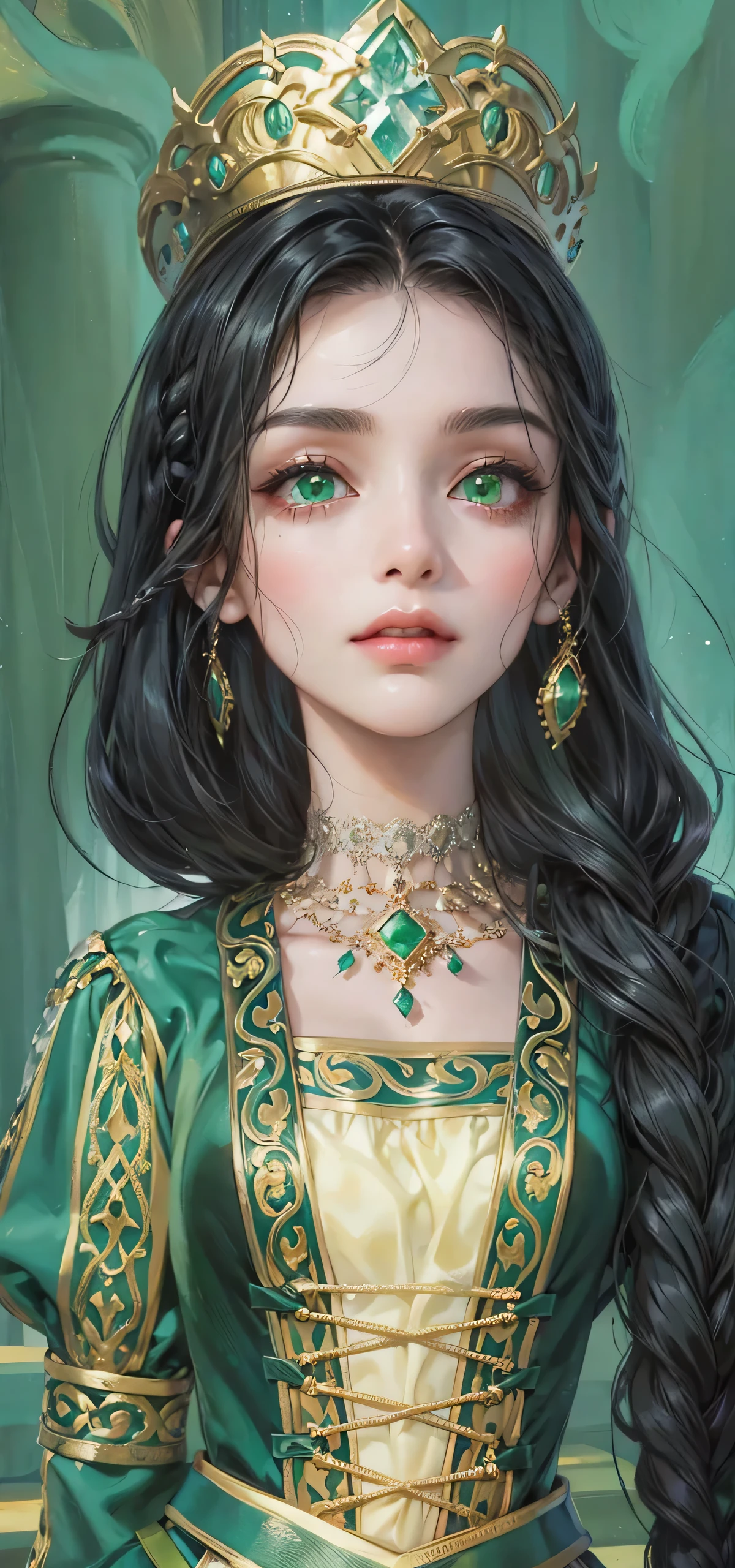(masterpiece, top quality, best quality, official art, enchanting and aesthetic:1.2), 1female, dark black hair, thick braid to the shoulder, emerald green eyes, dress, jewelry, high quality details, 4k eyes, kind expression, beautiful