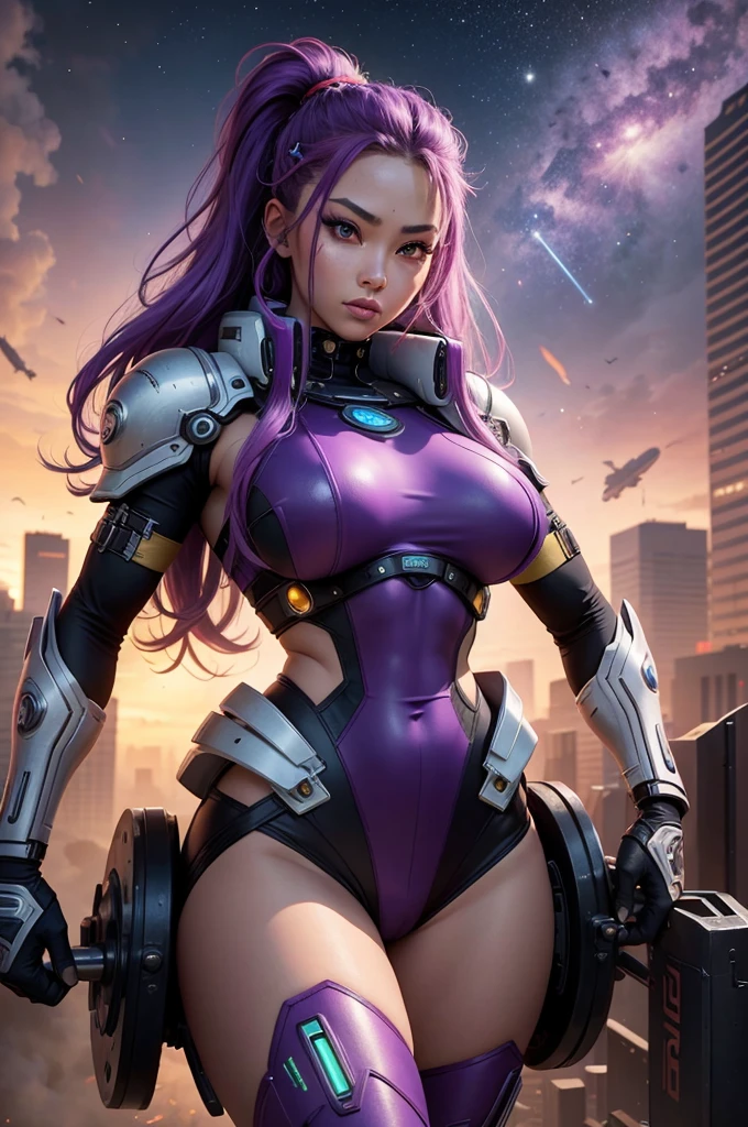 A beautiful, exuberant and very young cybernetic android warrior with black African and oriental Japanese and Chinese features, mixed with the clone of the Greek warrior goddess Athena, with huge super ultra mega giant breasts, purple eyes, transformed into a super sensual and extremely muscular astronaut, fitness, fit bodybuilder and weightlifter, very muscular thighs wearing very short, super radical and purple punk style hair and very straight in locks, wearing sexy cyberpunk battle outfits, observing various spaceships on a strange planet full of big wild and murderous predator monsters and preparing, carrying and wielding their huge futuristic weapons on their shoulders into combat
