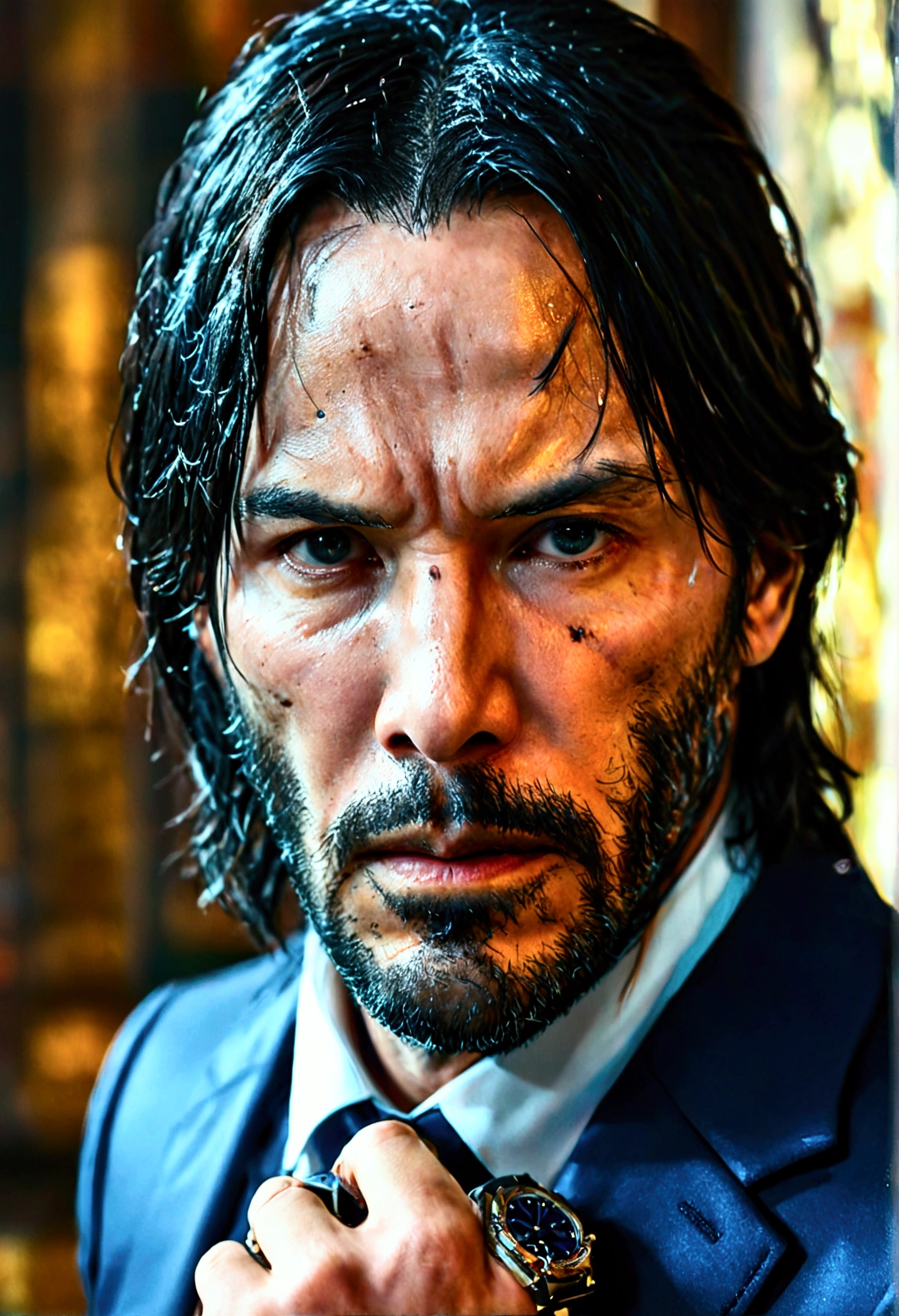 john wick straight black shoulder length hair well defined features,wearing a navy blue suit and a gun in his right hand, a rolex watch on his arm , I'm 4k