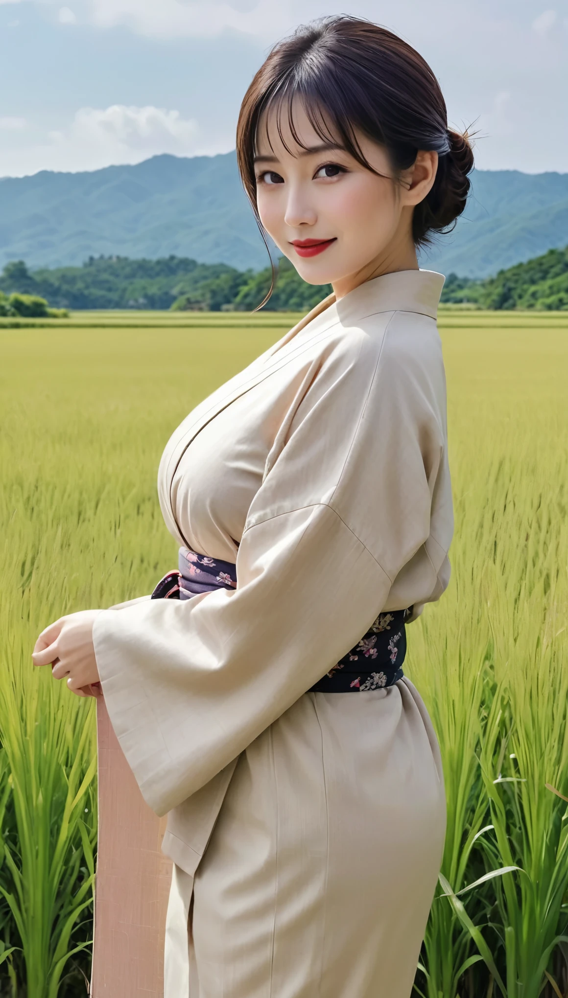 masterpiece,Highest quality,wonderful,(Mature Woman:1),(Mature Woman:1.3), (50歳のMature Woman.1.3)(((Very large breasts)))、(((Big big boobs)))、(((Big big cleavage)))、{Japanese countryside(Rice field footpath)}、Cute Smile、Well-tanned skin、Delicate and precise skin texture、(Plump figure)、disheveled brown hair、Japanese women、(Big Ass)、Thick thighs、Bright red lips、Thick upper arms、Wearing an old yukata with a sober color、