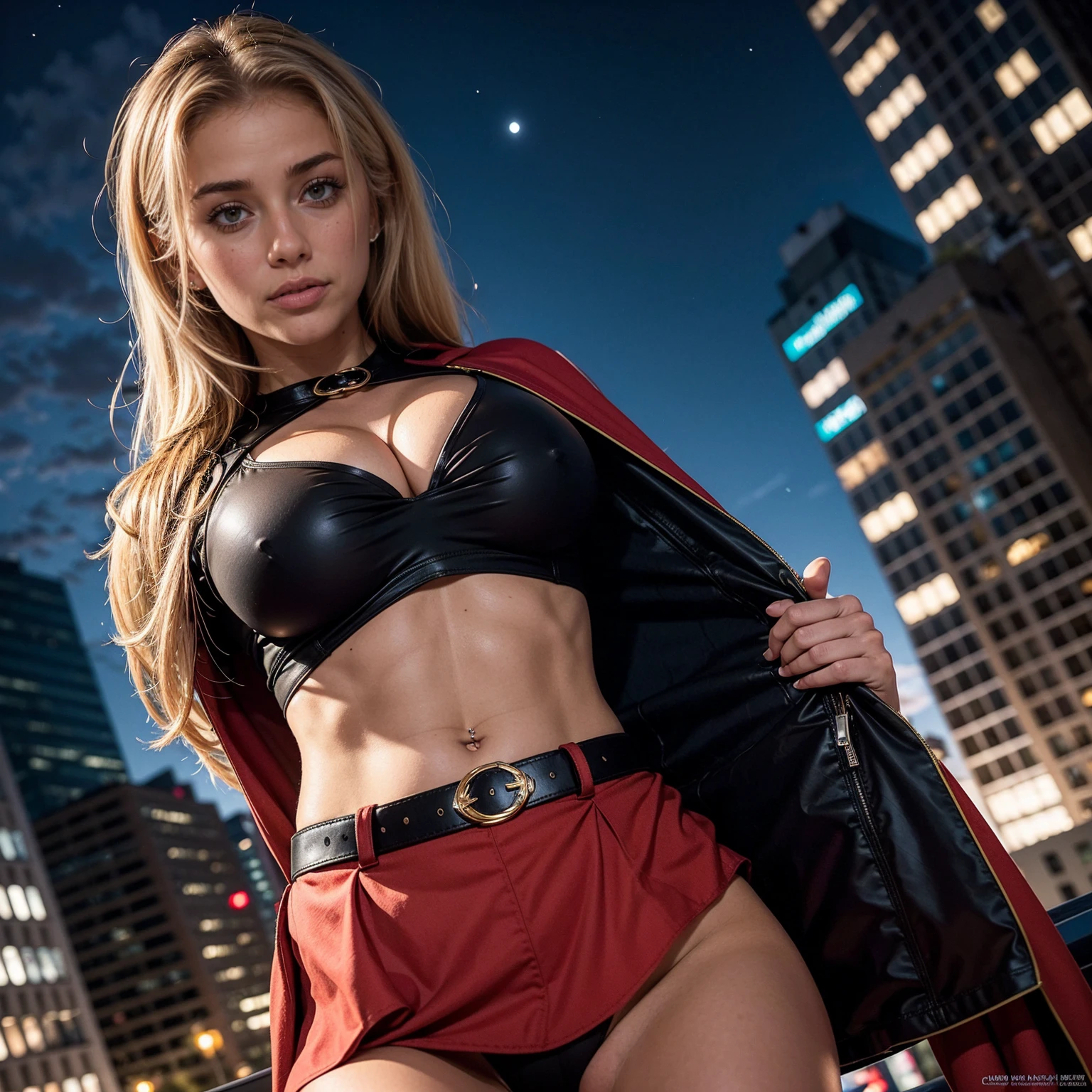 masterpiece, best quality, 1girl, supergirl,long hair,blonde hair,bodysuit,breasts,cape,belt,medium breasts,superhero,gloves,lips,black bodysuit,belt buckle, curvy, toned, large breasts, cleavage, narrow waist, ((midriff visible)), short red skirt, realistic, 3d, night sky, cityscape, gotham city background, ((underboob)), bottom of perfect breasts sticking out below shirt
