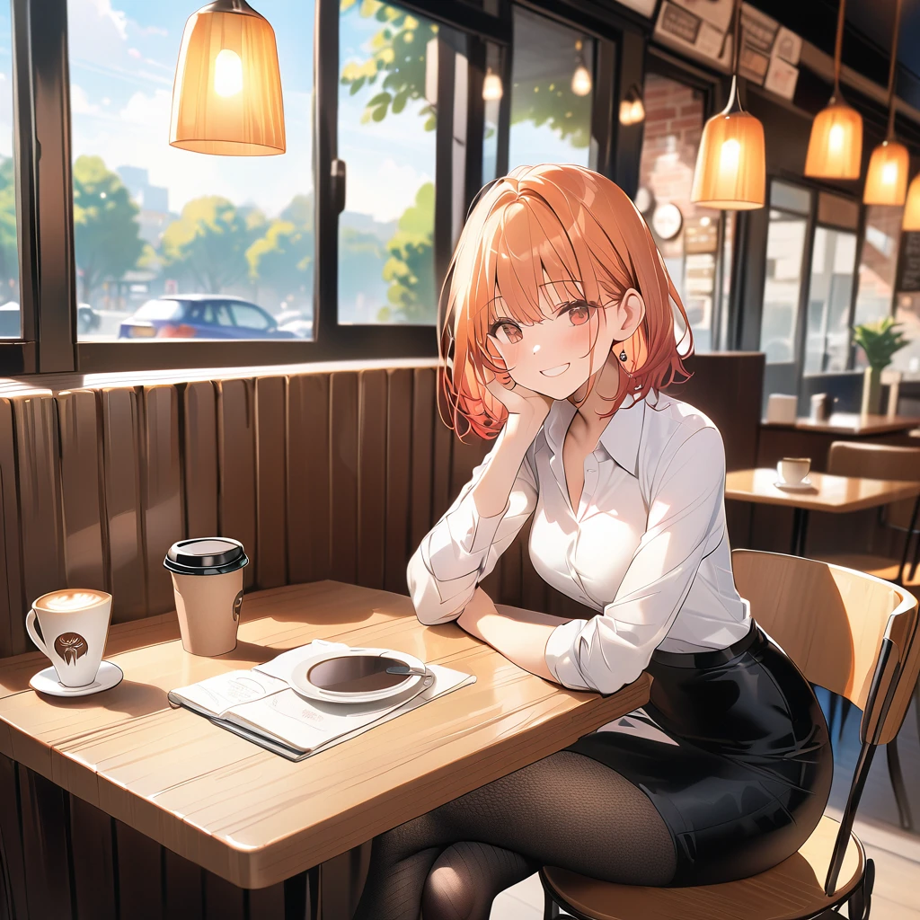 (((cafe,table,sitting,coffee))),(((collared shirt, pencil Skirt, black pantyhose))),(((crossed legs))),(((happy))),(((masterpiece))),(((best quality))),((official art )),((high resolution)),(((wallpaper 8k CG))),girl,orange hair, short hair, straight hair ,brown eyes, slender , medium breasts,