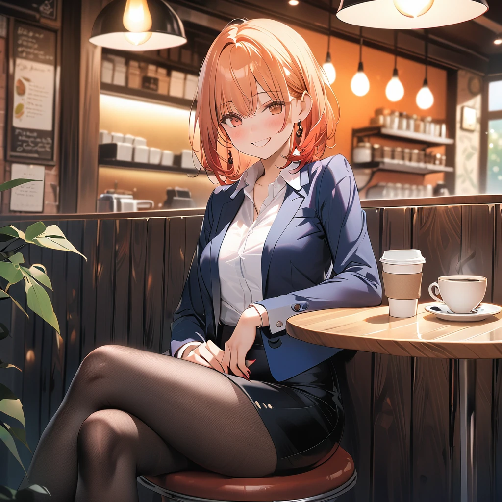 (((cafe,table,sitting,coffee))),(((collared shirt, pencil Skirt, black pantyhose))),(((crossed legs))),(((happy))),(((masterpiece))),(((best quality))),((official art )),((high resolution)),(((wallpaper 8k CG))),girl,orange hair, short hair, straight hair ,brown eyes, slender , medium breasts,
