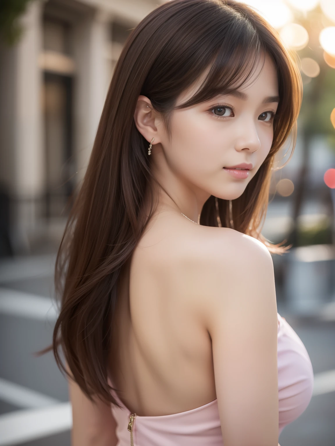 ((Pink one piece dress))、(looking back),((Highest quality)), Realistic, Very detailed, In detail, ((High resolution)), 8k,Japanese women,Beautiful woman,gravure,sexy,Beautiful Skin,Beautiful Eyes,Detailed face,(Glamour),((Mid-length hair)),Brunette colored hair,20th Generation,Glamour system,Bust Size 85cm,Neat constriction,(Beautiful Eyes),(Adult),（Tears flowing）、(Quaint streetscape)、((Light of the sun))