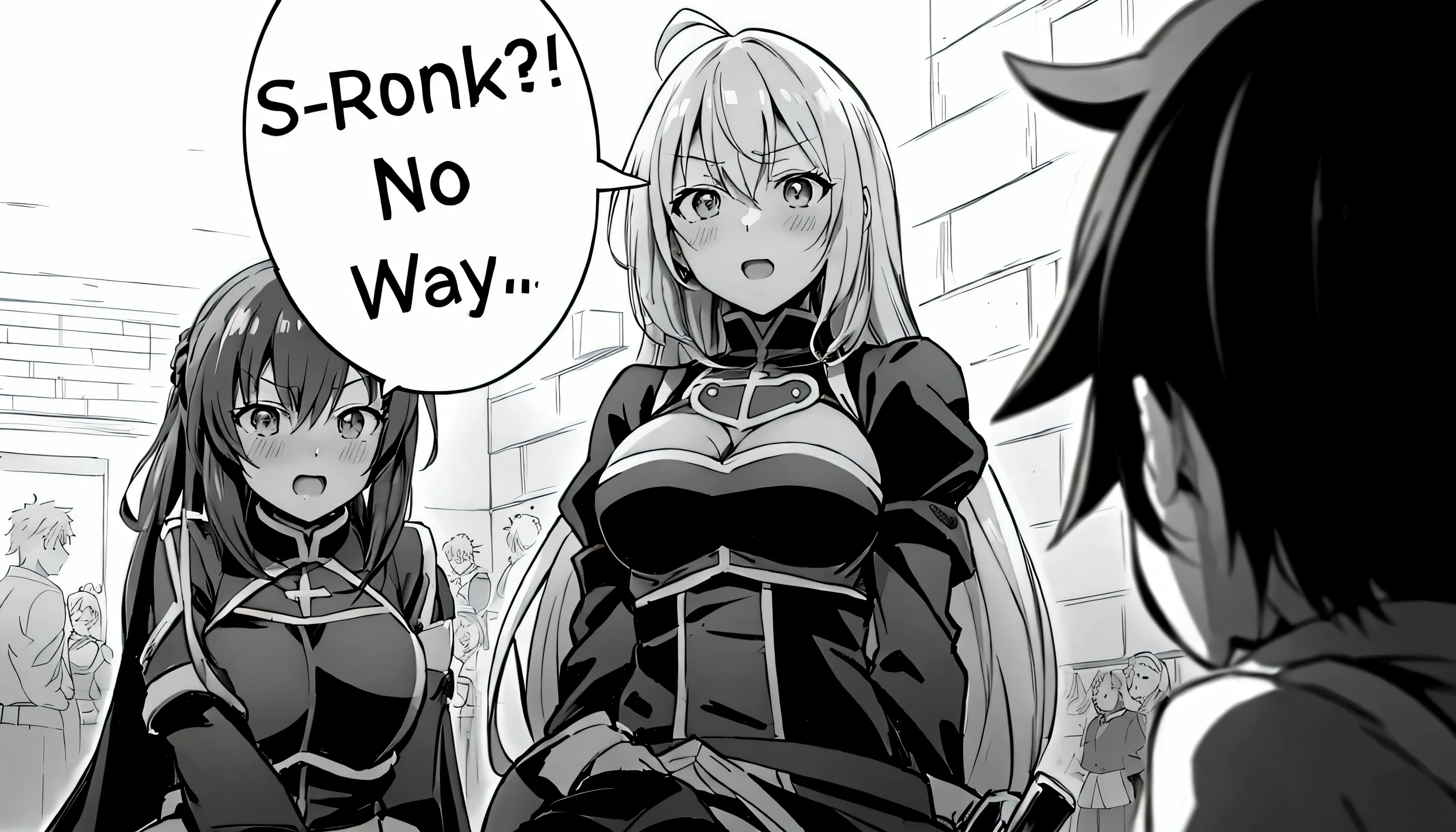 anime characters are standing in a line with a speech bubble above them, isekai manga panel, pixiv daily ranking, top rated on pixiv, award winning manga style, black and white manga panel, popular on pixiv, anime maids riding early tanks, isekai, popular isekai anime, anime style like fate/stay night, pin on anime, from girls frontline