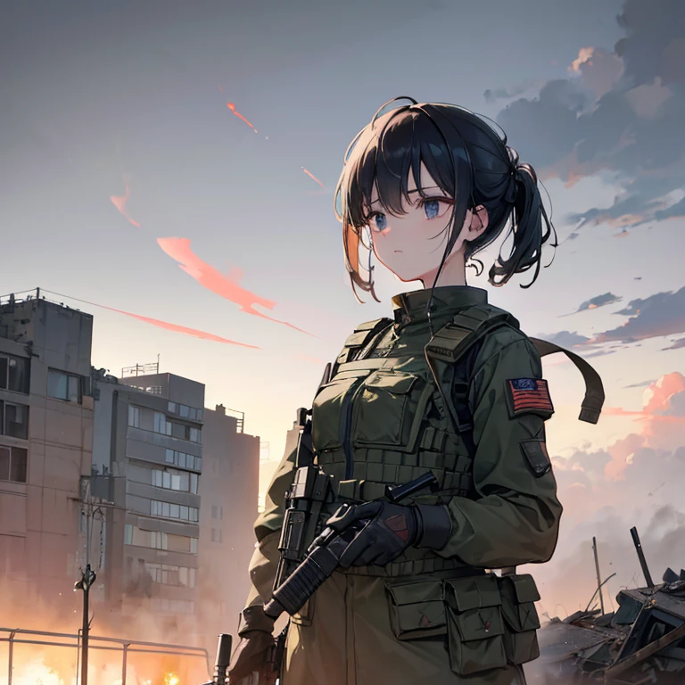 "Create an ultra-high resolution (33554432K) watercolor illustration depicting a woman in military uniform standing on a battlefield. Emphasize the contrast between her strength and vulnerability, the harsh reality of war, and the human element amidst chaos. The image should be a powerful blend of realism and artistic expression, capturing the complexity of war and the individual caught within it.
Central Focus:
The Woman: A female soldier in modern military attire, standing resolute on the battlefield.
Battlefield: A complex, war-torn landscape blending realism with surreal elements.
Atmospheric Tension: Visual representation of the weight of war and personal struggle.
Character Details:
Face:
Determined expression with a mix of strength and weariness.
Eyes reflecting both resolve and a hint of vulnerability.
Subtle signs of fatigue and stress (e.g., slight shadows under eyes, tension in jaw).
Body:
Strong, capable posture that also suggests the weight of her experiences.
A blend of feminine features and military toughness.
Uniform:
Modern military uniform with intricate details (patches, insignias, wear and tear).
A mix of practicality and personalization (e.g., a small personal item attached to gear).
Equipment:
Realistic military gear (rifle, helmet, tactical vest) with meticulous detail.
Some equipment showing signs of use and wear.
Environmental Elements:
Battlefield:
A landscape showing signs of recent conflict (destroyed buildings, scorched earth).
Blend of realistic war-torn scenery and surreal, dreamlike elements.
Sky:
Dramatic, foreboding sky with a mix of smoke, clouds, and possibly unnatural colors.
Symbolic Elements:
Subtle imagery representing hope or humanity (e.g., a single flower growing from rubble).
Lighting and Atmosphere:
Dramatic Lighting: Harsh contrasts between light and shadow, possibly with an otherworldly glow.
Atmospheric Effects: Smoke, dust, and haze adding depth and a sense of recent conflict.
Color Palette: Muted military colors cont