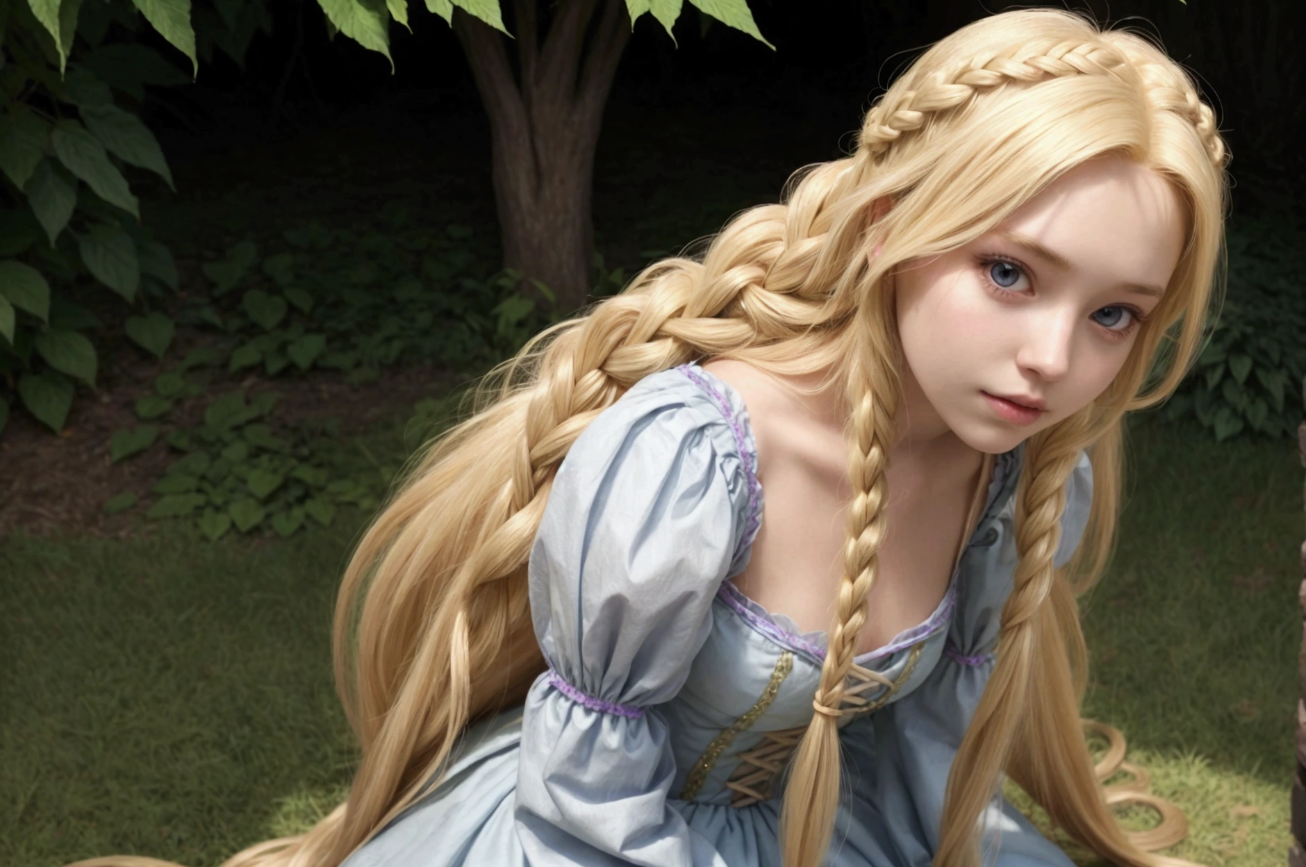 Girl with extremely long blonde hair, she is dressed as rapunzel, your hair and dress look like Rapunzel
