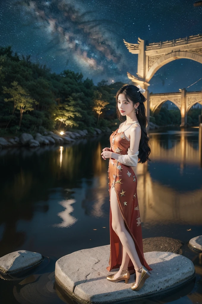 (((best quality))),(((ultra detailed))),(((masterpiece))),illustration,((1 beautiful girl,solo)),(shoulder length straight hair:1.2),((earrings,necklace)),((slim,thin)),((small breasts,flat chest)),(gorgeous sheer red Chinese dress:1.3),(slender legs:1.2),(loafers:1.2),(standing:1.3),(arms behind back:1.5),(on the stone arch bridge:1.3),((starry sky,the Milky Way,horizon)),elegance, grace, sophisticated updo, delicate hairpins, twinkling stars, radiant smile, bright eyes, wonder, beauty of the night sky, intricate patterns, flowers, birds, vibrant colors, ethereal, enchanting, old bridge, weathered, sturdy, natural surroundings, serene, peaceful atmosphere, rippling water, stars, graceful silhouette, magic, tranquility, twinkling stars, mesmerizing canopy of light, cool air, crisp, faint scent of blooming flowers, contemplation, admiration, ancient China, timeless, rich culture, traditions, captivating, enchanting atmosphere, myth, legend,((from front,full body))
