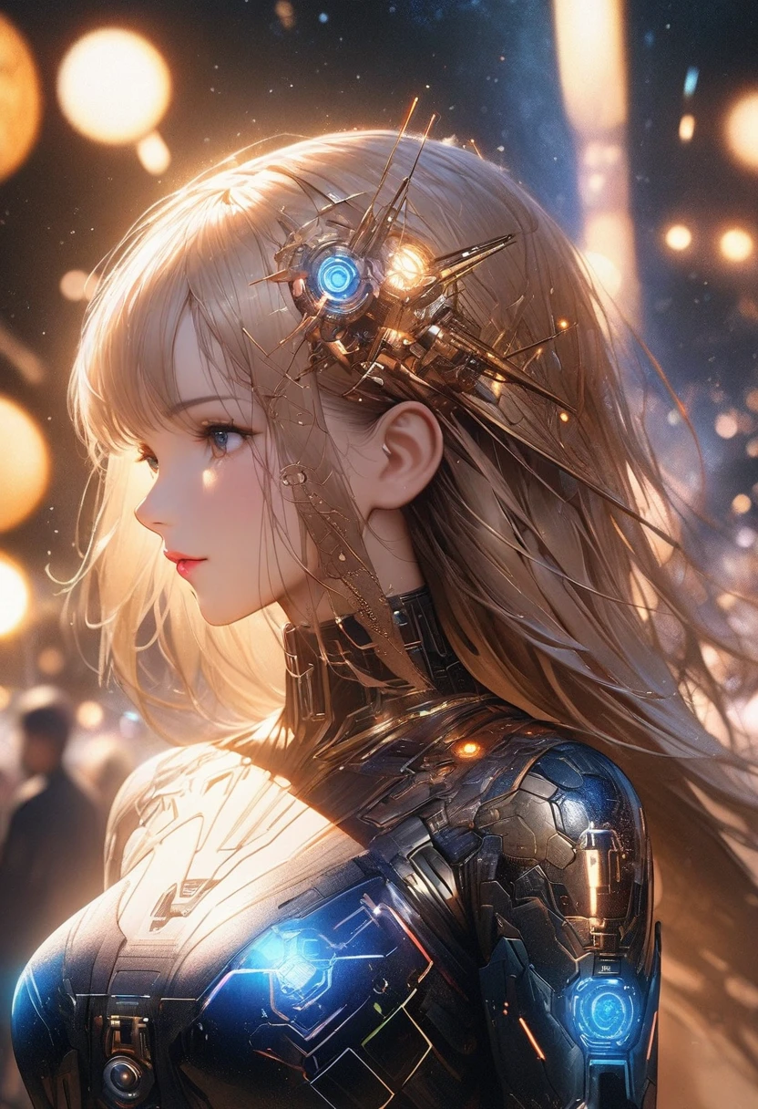 (((masterpiece))), (Highest quality), (Ultra-high resolution), (Highest quality), (Super detailed), Space War、milky way、Mecha Girl、Mecha Maiden、Golden Ratio、Realistic texture、in focus with blurred background、bokeh photography, (soft focus):1.2, out-of-focus highlights, dreamy ambiance, glowing circles, mesmerizing depth