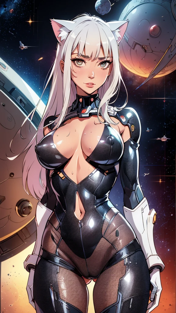 ((masterpiece, Highest quality)), 32K Wallpapers, Very detailed, posters, Vintage science fiction, 1960s,(((space thriller cinematic movie posters))), (Bauhaus), shape,Abstract, Midcentury Modern, movie posters, Vintage, A woman fused with a robot,anime,1970s,Halftone,Speech bubble,Milky Way,(superhero),((portfolio,close)),Cyborg of the Future,Space,Cyborg Lady,Big Breasts,Erect nipples,nude,Torn High-Grade(Black see-through),The genitals are visible,Have pubic hair,Raised genitals,Too much pubic hair,Pink pubic area,Highest quality,Wet body,Cleavage,Sweat from the groin,nude女性,White Hair,Long Hair,Water from vagina,Cat ear,