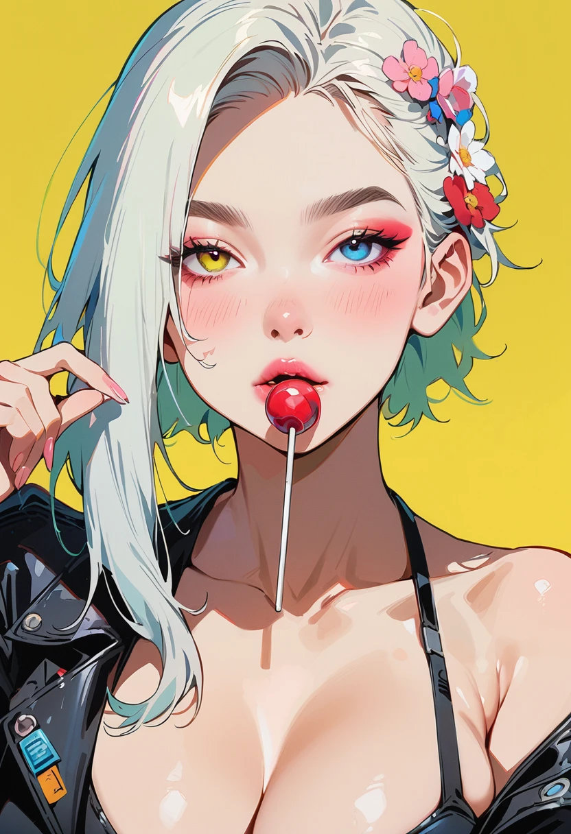 (masterpiece, best quality:1.4), 1 girl, 独奏, Anime style, Heterochromia, Blurred eyes, Eat Lollipop, Pink lower lip, Cyberpunk style makeup, Short silver asymmetrical hair, Asymmetrical short hairstyle, Long bangs on one side, Color highlights, Huge breasts, Black off-the-shoulder leather jacket, Pure yellow background.
