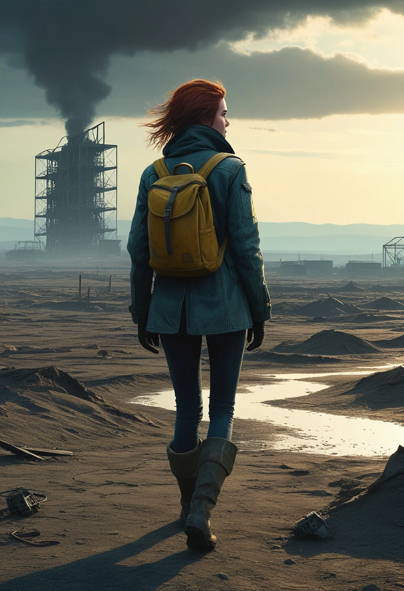 future, post-apocalypse, post-war, stalker, dangerous atmosphere, intricate details, extremely detailed, cinematic stile, dramatic light, (from back distant shot) An ultra hot gorgeous woman. age 23. She looks small in the wide wasteland landscape.Brandon Wolfel, Alaina Lemmer, Simon Stalenhag,Ben Templesmith