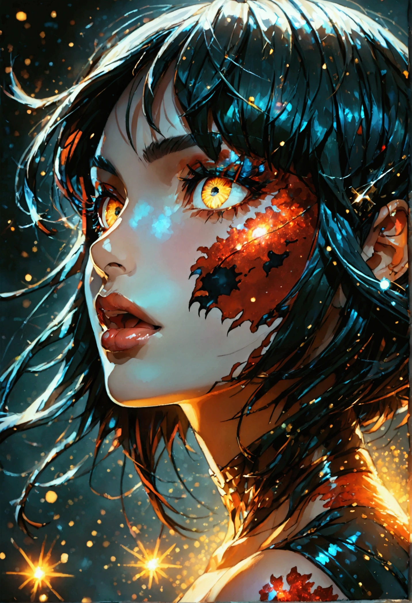 side PORTRAIT, a black bat next to a vampire girls portrait, mouth open roaring, scarface red skin with light and glitter, long fire hair with red skulls on hair, snake lightening eyes with one eye closed, cosmos eyes, next to a black spider, highly detailed fur (vectorized) yellow lightening eyes, detailed skin, image is compelling with dynamic composition and dark posing. Include many fantasy details such as bumps, phantasmal iridescence, glitter, galaxy, cosmos, fire, ((dark celestialskin hell body, void cosmic body)), (((dark background))), (((lights off))), (((hollywood dark))), horror, dramatic shadows, (in a dark fantasy space:1.3, glitter, sparkle, gleam) vector digital illustration, ()sharp
