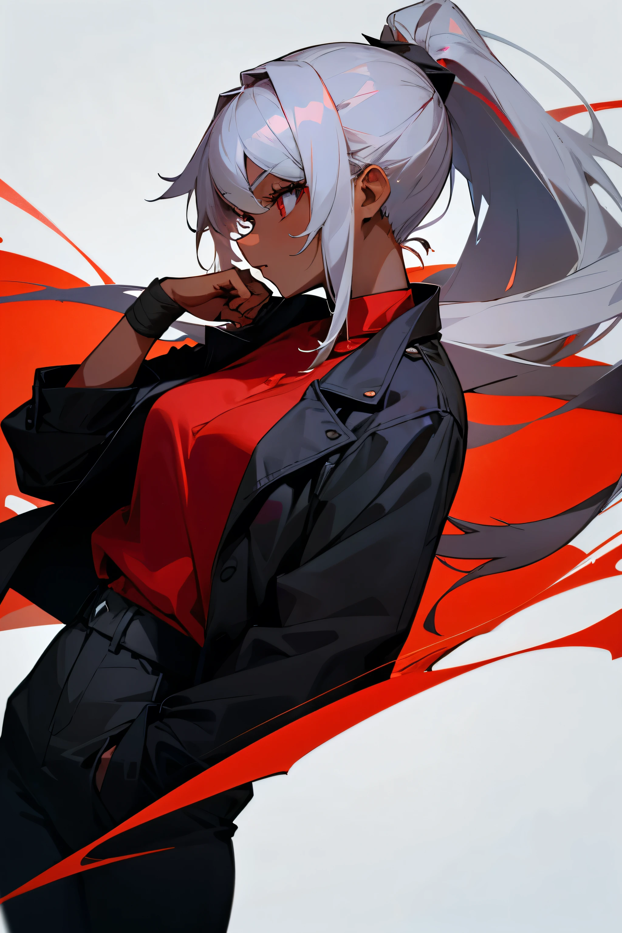 Woman with dark skin、Gray Hair、I have long hair、ponytail、Red Shirt、Black jacket