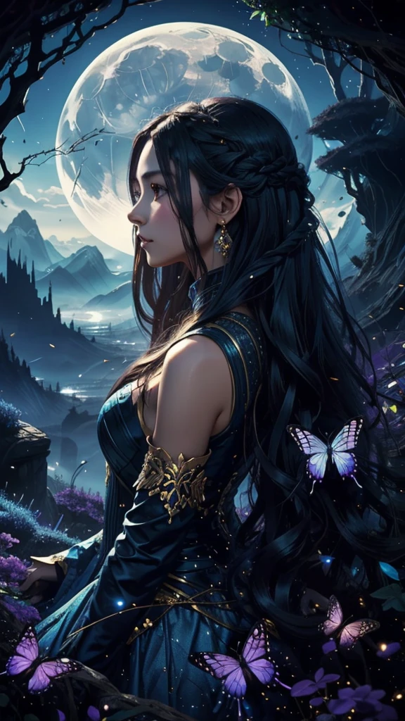 Create a cover. The cover should have a dreamlike, fantastical atmosphere with a blue, purple, and black color palette and touches of shiny gold. Includes the following elements: - A large blue moon at the top of the cover. - Transparent butterflies scattered across the cover. - A central image that mixes the silhouette of a woman's human profile with long hair with natural elements (trees, mountains) and urban elements (a bright city). - (human profile of a woman with long hair). The overall design should evoke a sense of dreaminess and fantasy, with bright, hazy tones.
