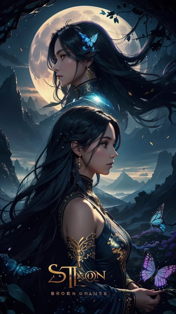 Create a cover. The cover should have a dreamlike, fantastical atmosphere with a blue, purple, and black color palette and touches of shiny gold. Includes the following elements: - A large blue moon at the top of the cover. - Transparent butterflies scattered across the cover. - A central image that mixes the silhouette of a woman's human profile with long hair with natural elements (trees, mountains) and urban elements (a bright city). - (human profile of a woman with long hair). The overall design should evoke a sense of dreaminess and fantasy, with bright, hazy tones.