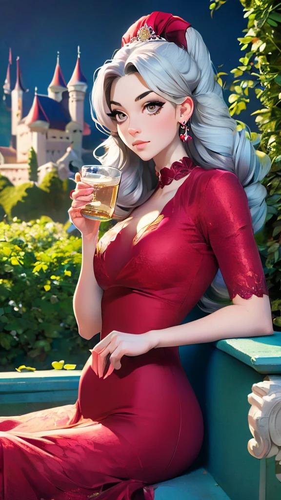 Gray Hair Woman, Gray Eyes, Royalty, Red Dress, Red Jewelry, Red Earrings, Lunar, Nobility, Noblewoman, High Quality, Highly Detailed, Detailed Face, Masterpiece, Castle, Drinking Tea, Garden, Flowers, Lights
