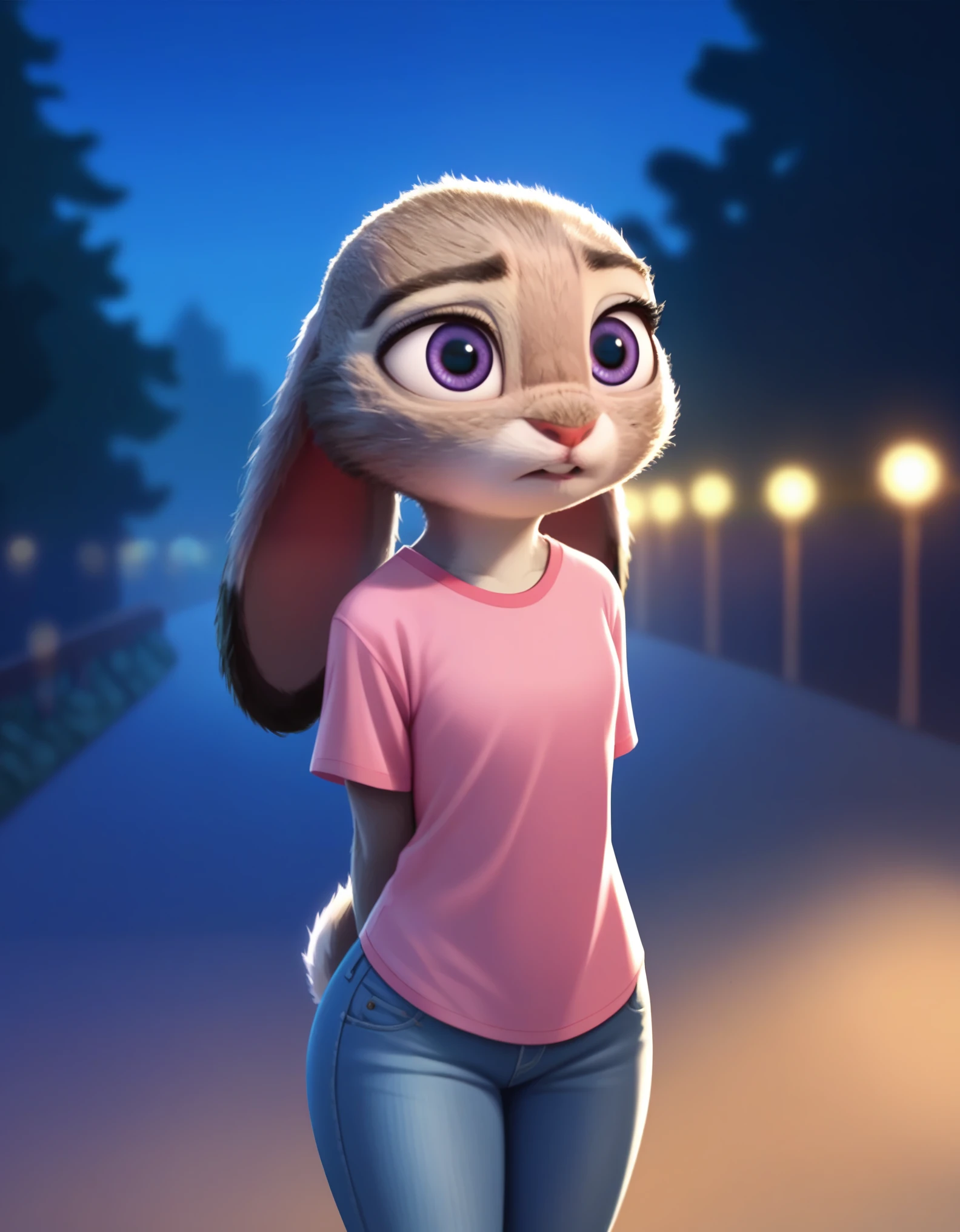 score_9, score_8_up, score_7_up, score_6_up, source_furry, judyhopps confused, dark, night, backlighting, solo, pink shirt, jeans, arms at sides, front view, portrait 