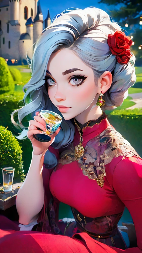 Gray Hair Woman, Gray Eyes, Royalty, Red Dress, Red Jewelry, Red Earrings, Lunar, Nobility, Noblewoman, High Quality, Highly Detailed, Detailed Face, Masterpiece, Castle, Drinking Tea, Garden, Flowers, Lights