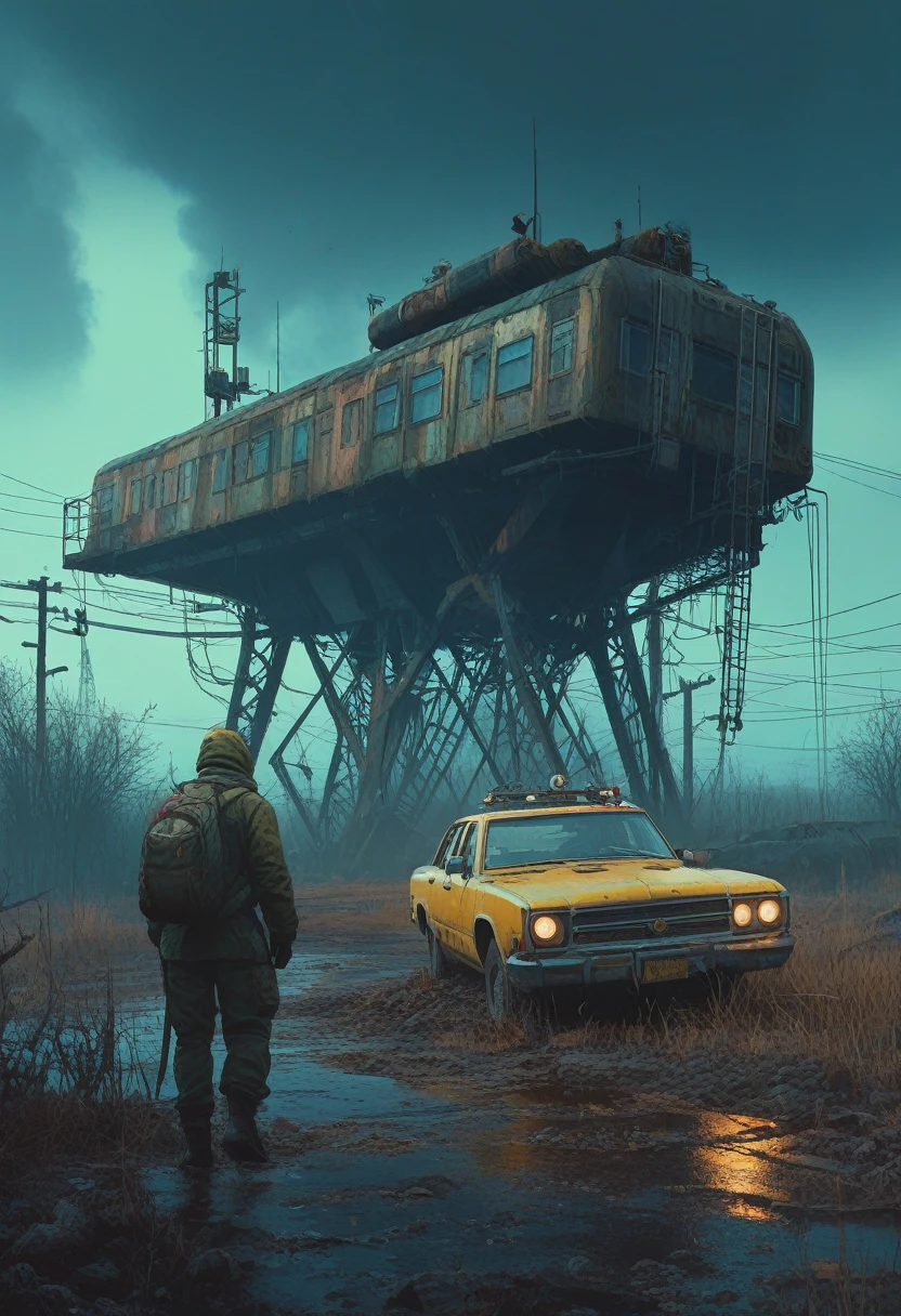 future, post-apocalypse, post-war, stalker, dangerous atmosphere, intricate details, extremely detailed, cinematic stile, dramatic light, Brandon Wolfel, Alaina Lemmer, Simon Stalenhag,Ben Templesmith