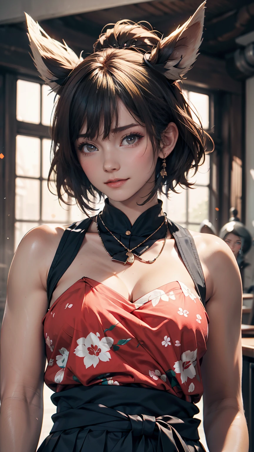 (最high quality, 8k, masterpiece: 1.3, Ultra HD, high quality, 最high quality, High resolution, realism)) 、thin、thinだがアスリートのような細マッチョ、I'I don't want my head to disappear from the screen..、Inner Color((Inner hair color))、smile((smile))、Black Hair((Black Hair))、black eye、Wear a summer sailor uniform、Wearing a navy blue pleated skirt、Wear white socks、Standing on the embankment、One-sided vertical roll((Side Drill))、Empty classroom after school、View from the back of the classroom looking forward、The desks are lined up、Be in front of the blackboard