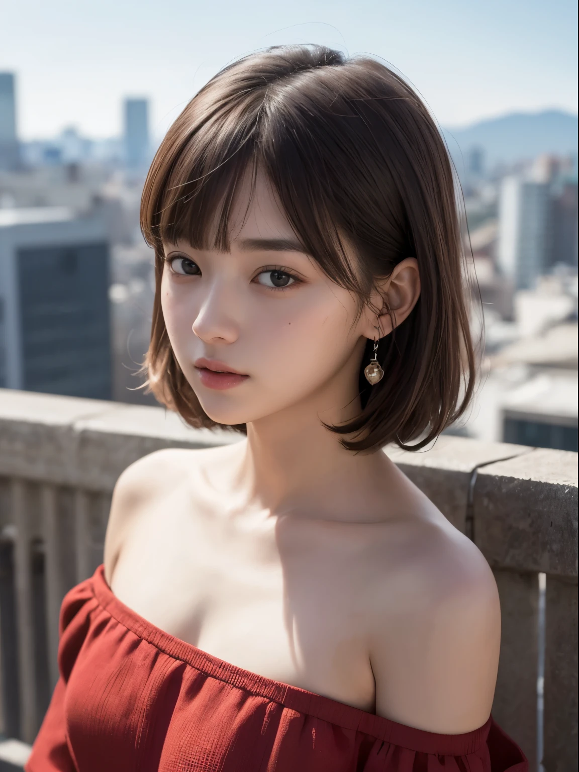 (8k, Top quality, Masterpiece:1.2), (Realistic, photo-realistic:1.37), Super detailed, perfect anatomy, a Japanese, girl, cute, small eyes, 18 years old, off shoulder, cityscape, blunt bangs,