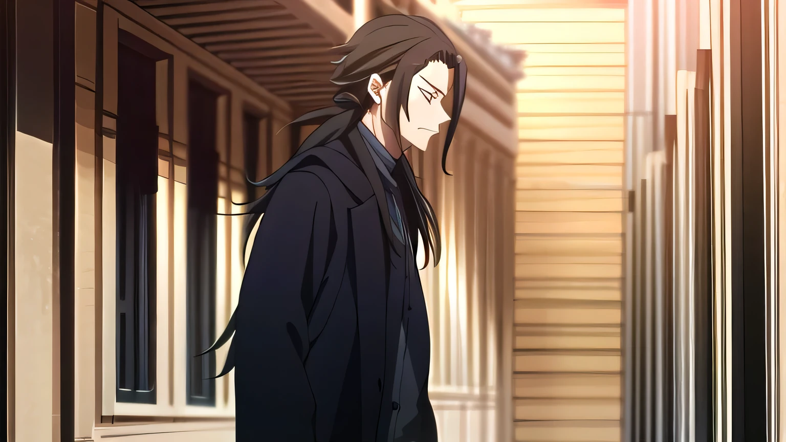 Aizen, long hair, brown hair, long hair, hood up, black,1man, 1boy,black overcoat,mysterious, in the alley, theme black,