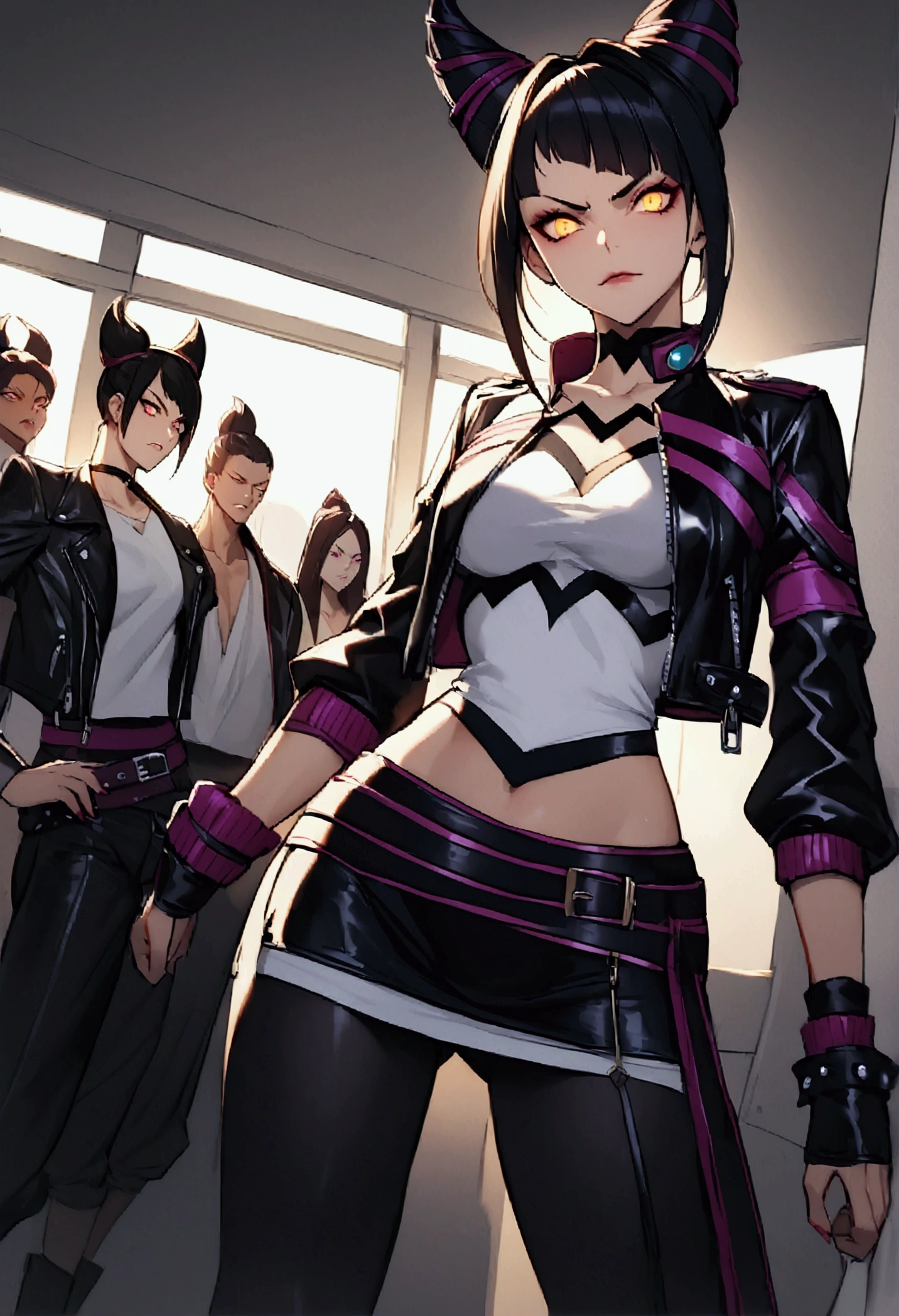 juri han,beautiful young warrior , with a very detailed and beautiful face, beautifuleyes, beautifuleyes, gorgeous face, beautiful young woman wearing long black leggings with black details, short mini skirt, usando leather jacket preta, Standing in an office, wearing black boots, horn hair, with black fringe, , evil smile ,white sweater with strap around, serious look,usando leather jacket preto, leather jacket,yellow lighting,legging