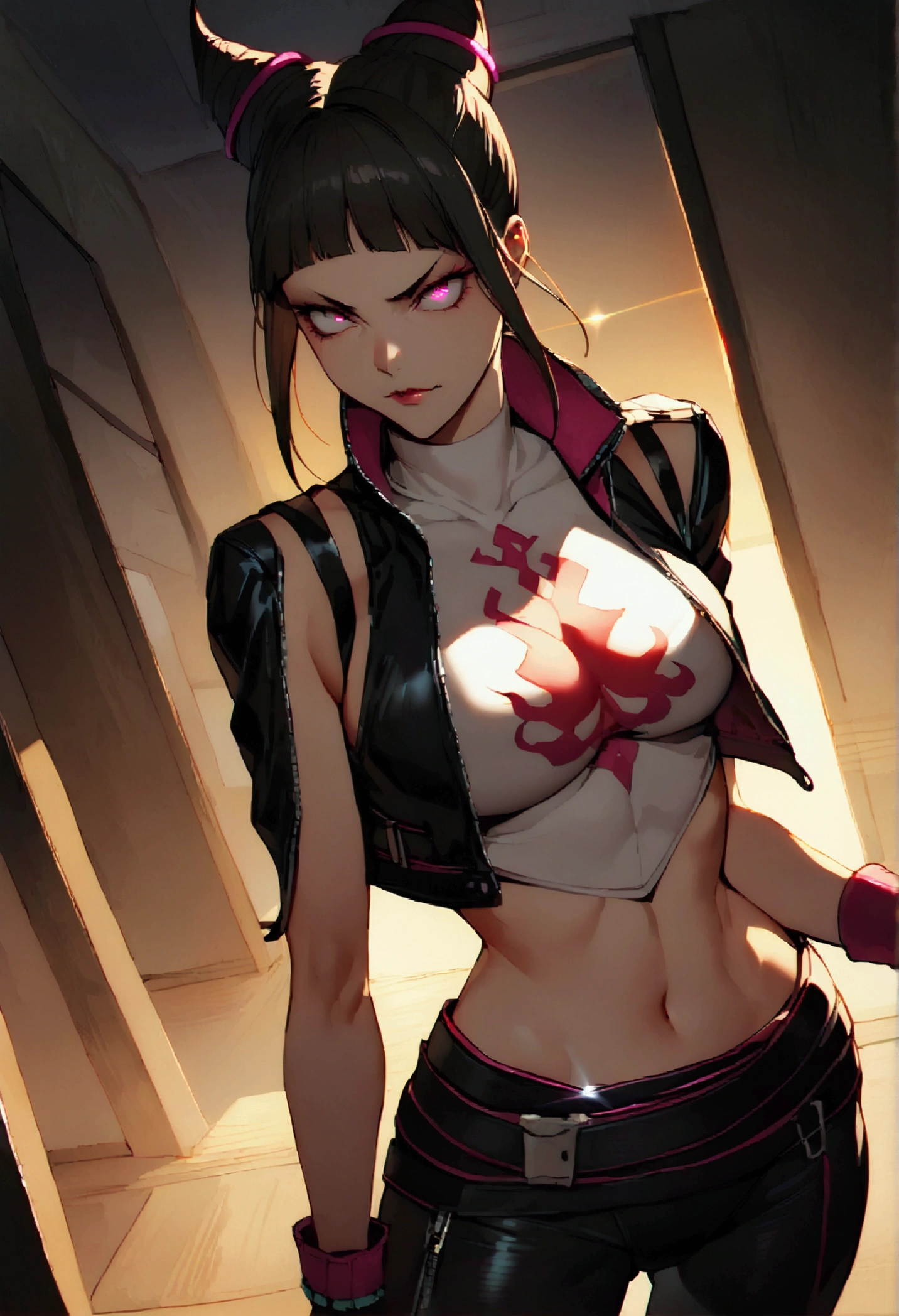 juri han,beautiful young warrior , with a very detailed and beautiful face, beautifuleyes, beautifuleyes, gorgeous face, beautiful young woman wearing long black leggings with black details, short mini skirt, usando leather jacket preta, Standing in an office, wearing black boots, horn hair, with black fringe, , evil smile ,white sweater with strap around, serious look,usando leather jacket preto, leather jacket,yellow lighting,legging
