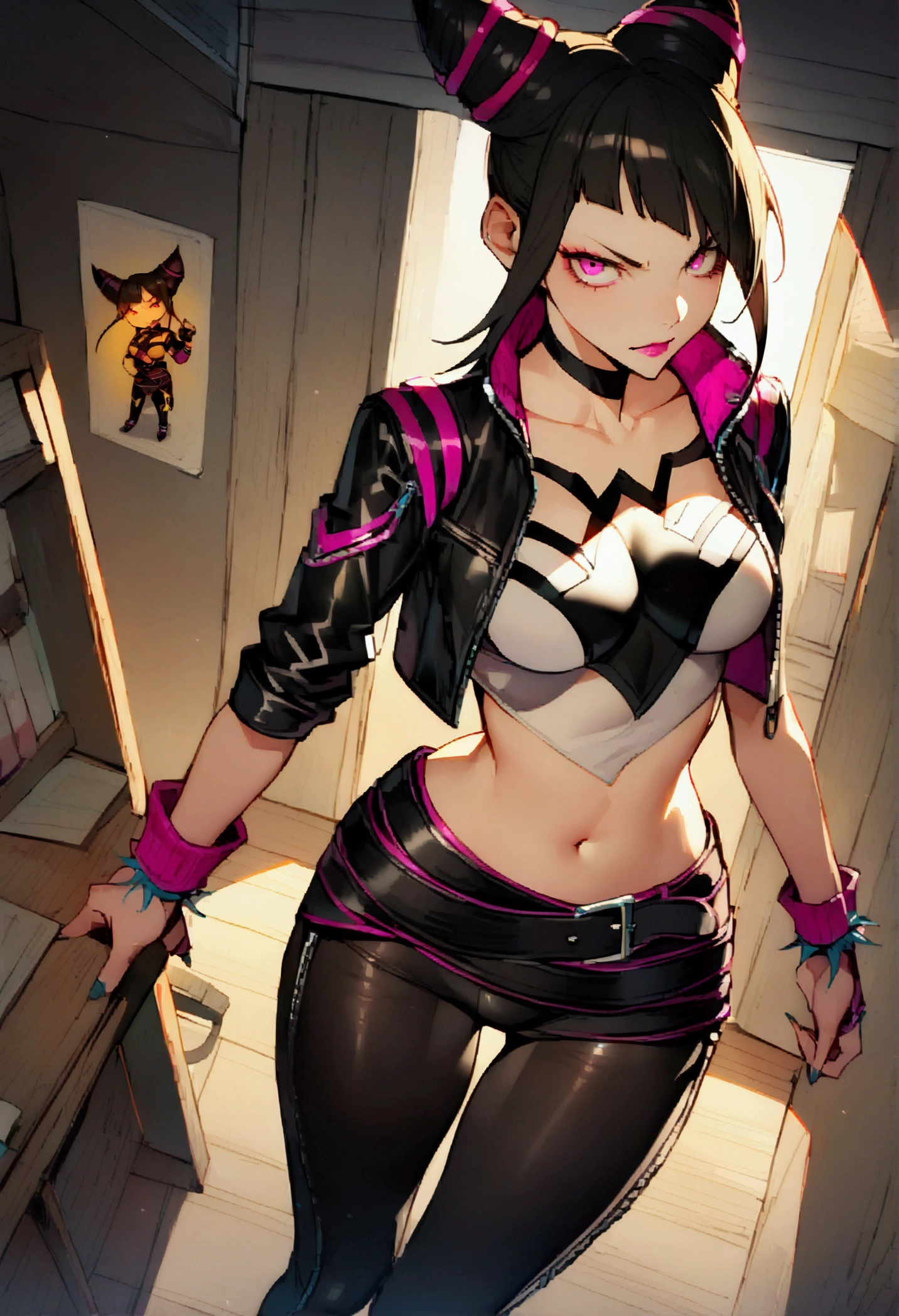 juri han,beautiful young warrior , with a very detailed and beautiful face, beautifuleyes, beautifuleyes, gorgeous face, beautiful young woman wearing long black leggings with black details, short mini skirt, usando leather jacket preta, Standing in an office, wearing black boots, horn hair, with black fringe, , evil smile ,white sweater with strap around, serious look,usando leather jacket preto, leather jacket,yellow lighting,legging